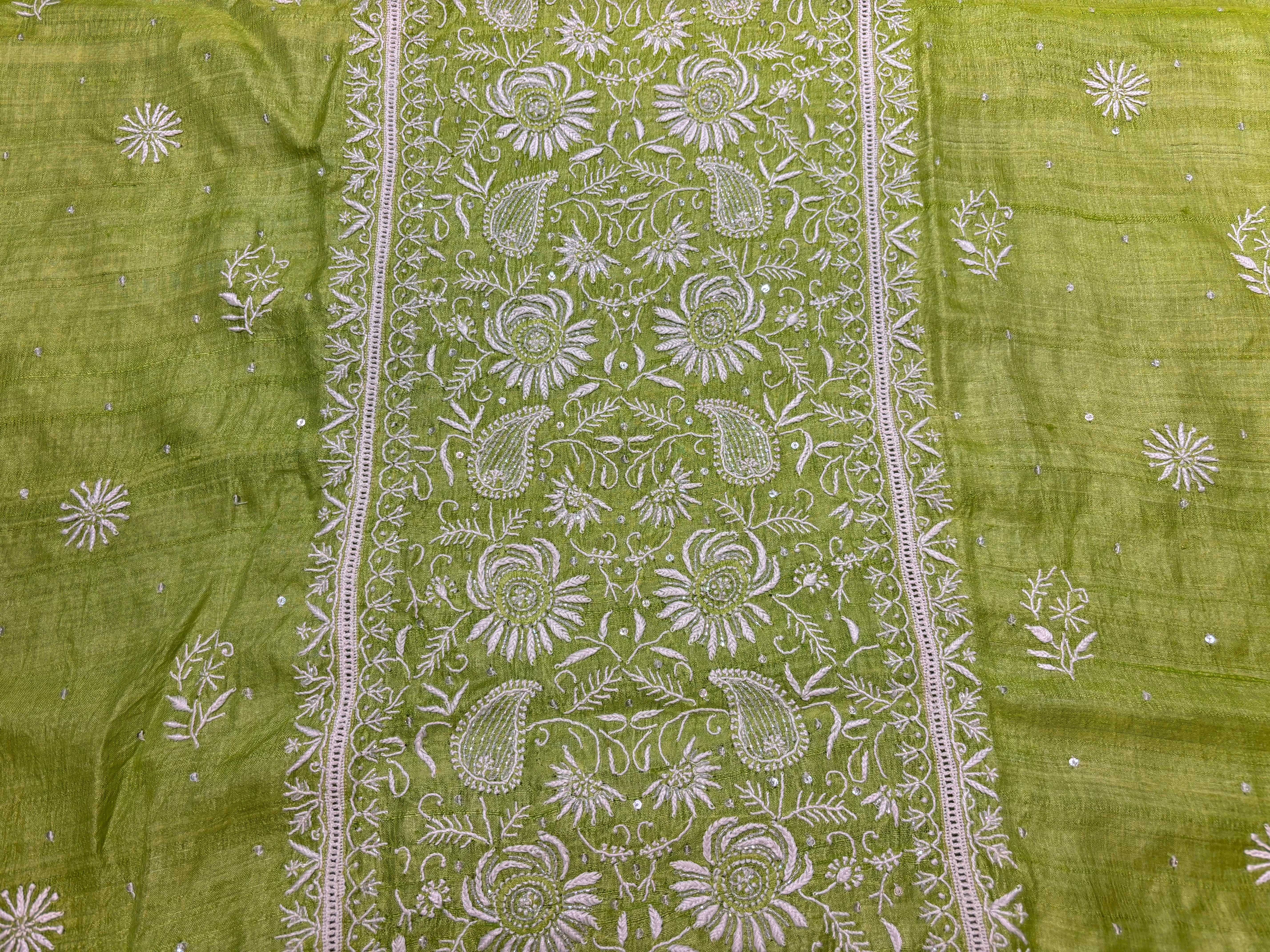 Green Silk Chikankari Kurta and Dupatta