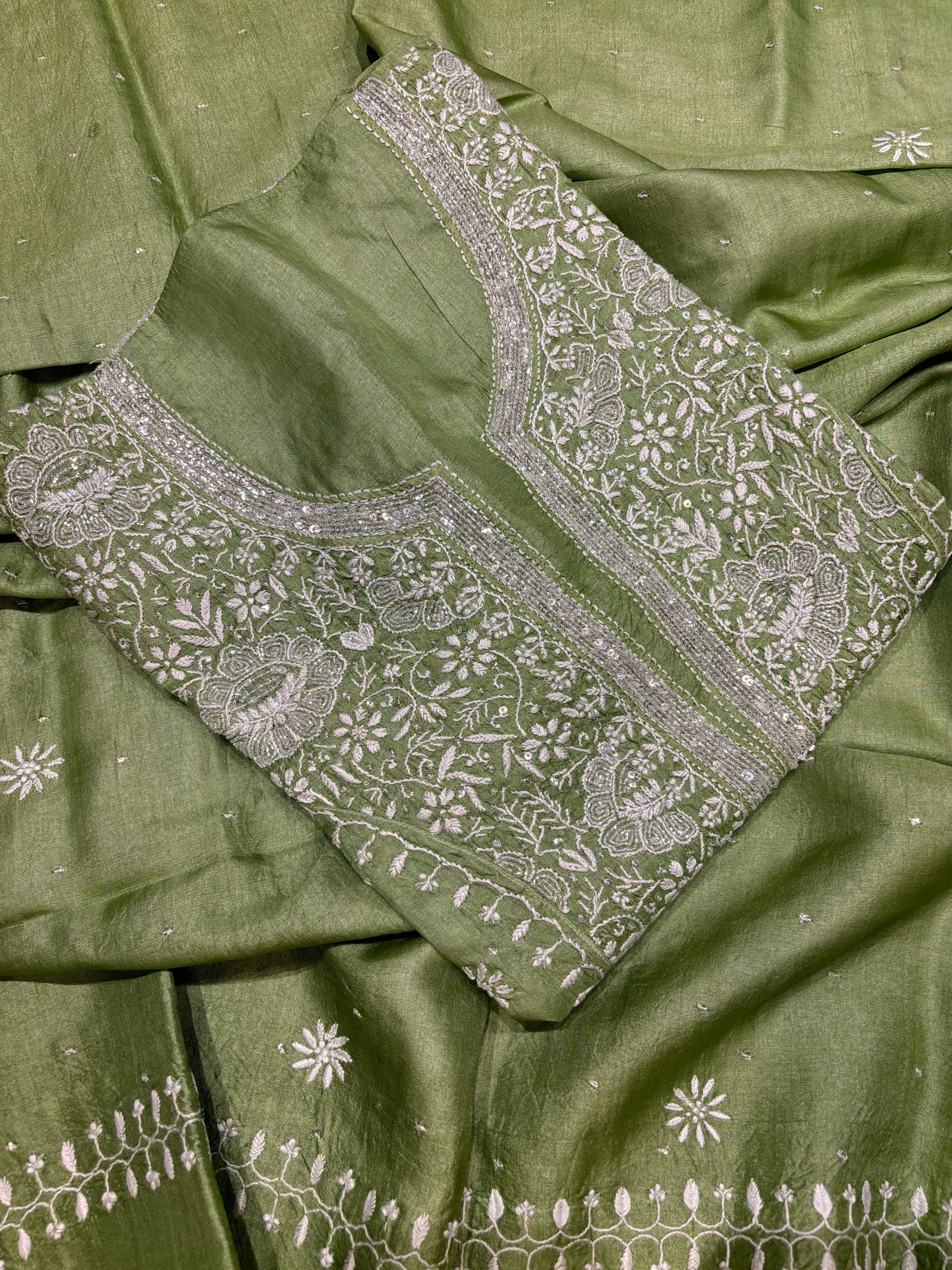 Olive Green Silk Chikankari Kurta and Dupatta
