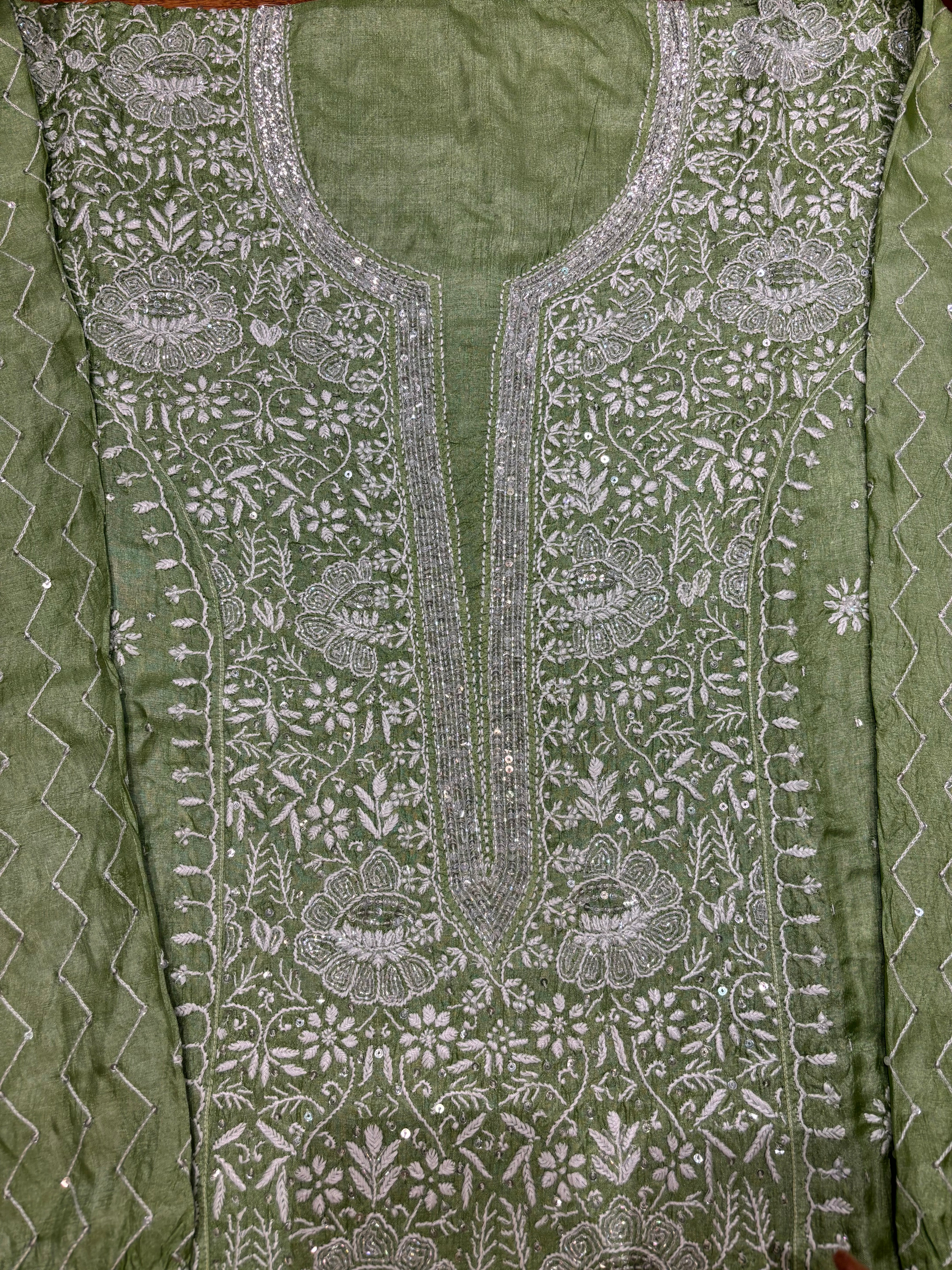 Olive Green Silk Chikankari Kurta and Dupatta