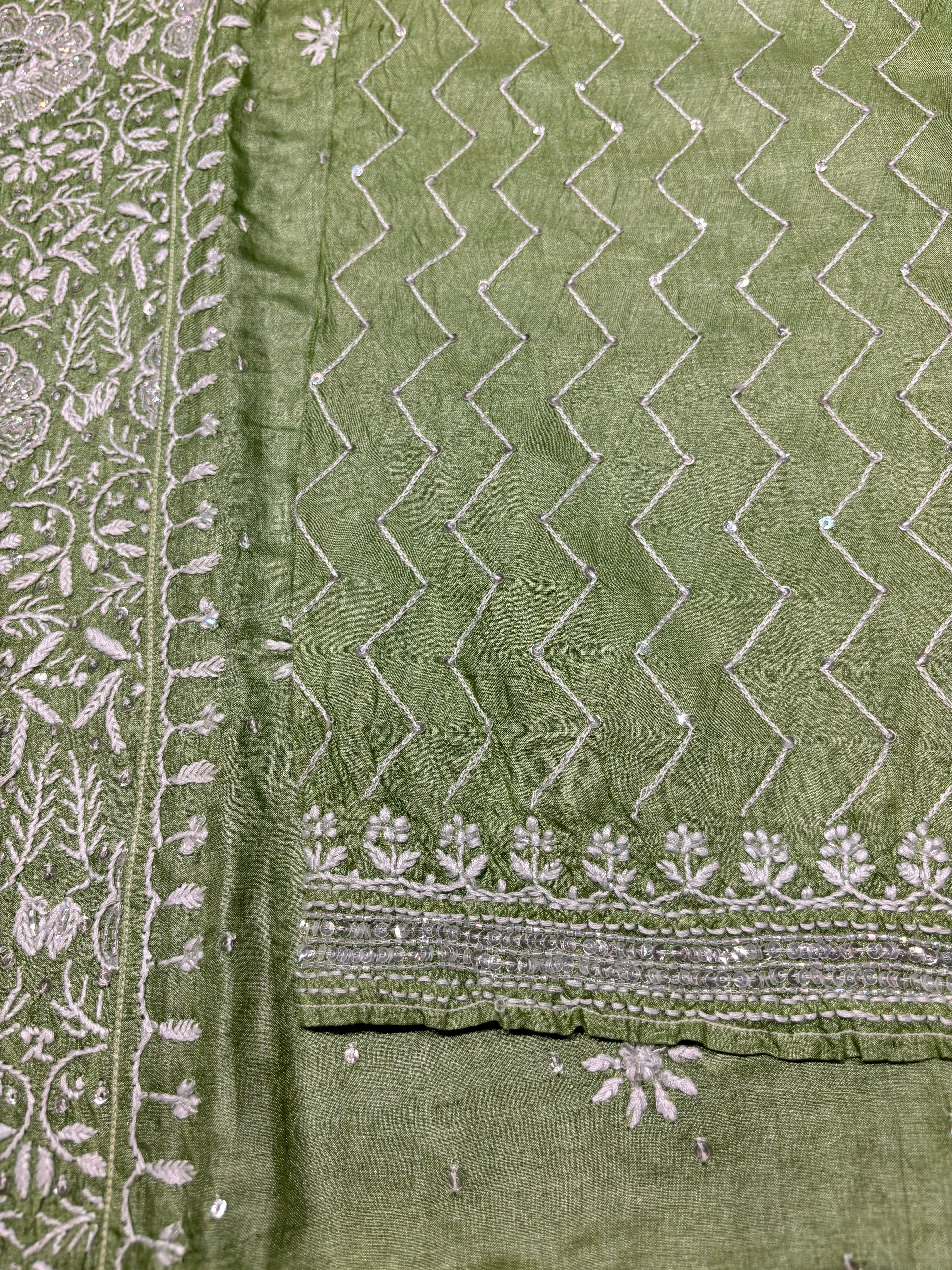 Olive Green Silk Chikankari Kurta and Dupatta