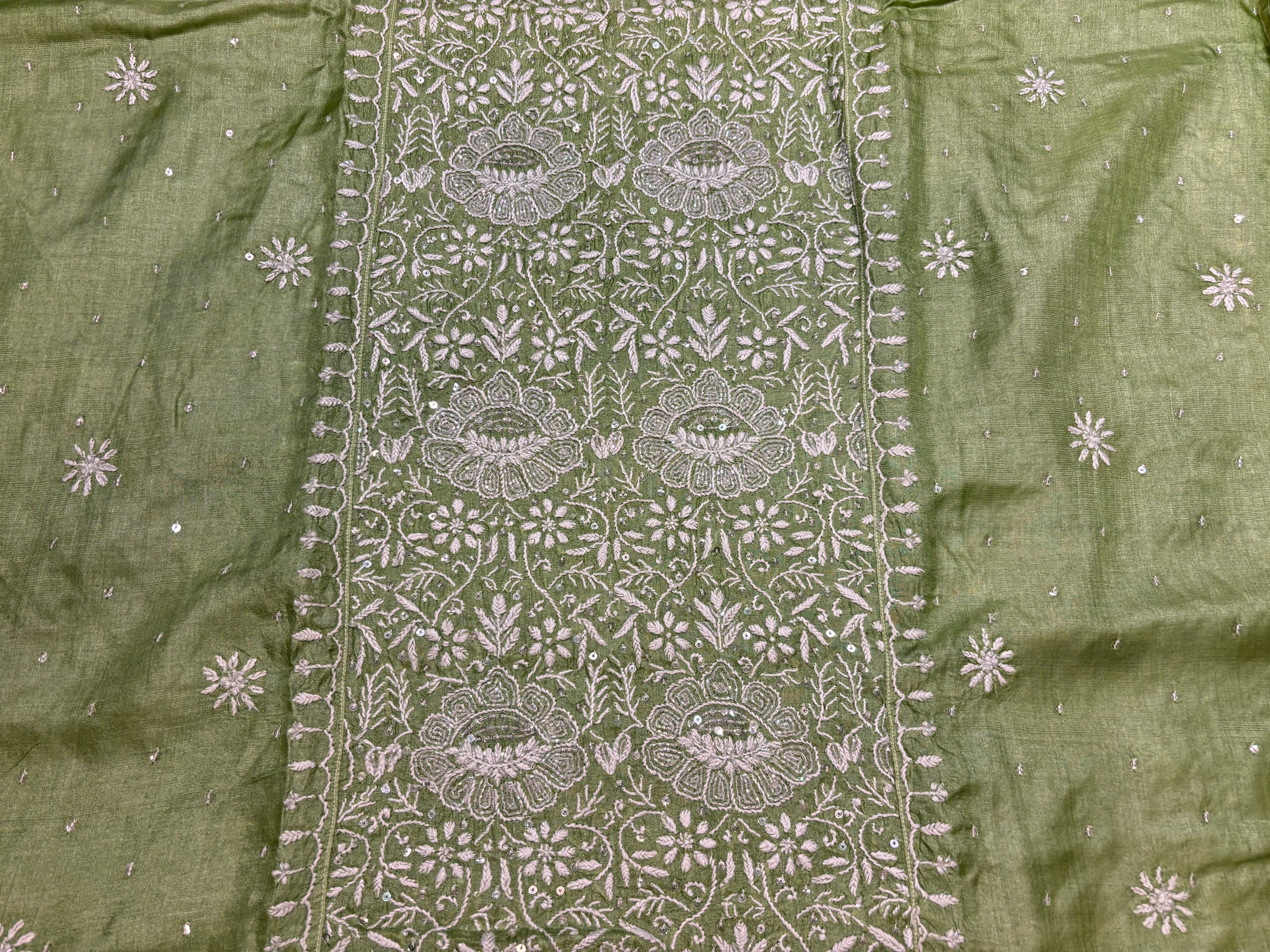 Olive Green Silk Chikankari Kurta and Dupatta