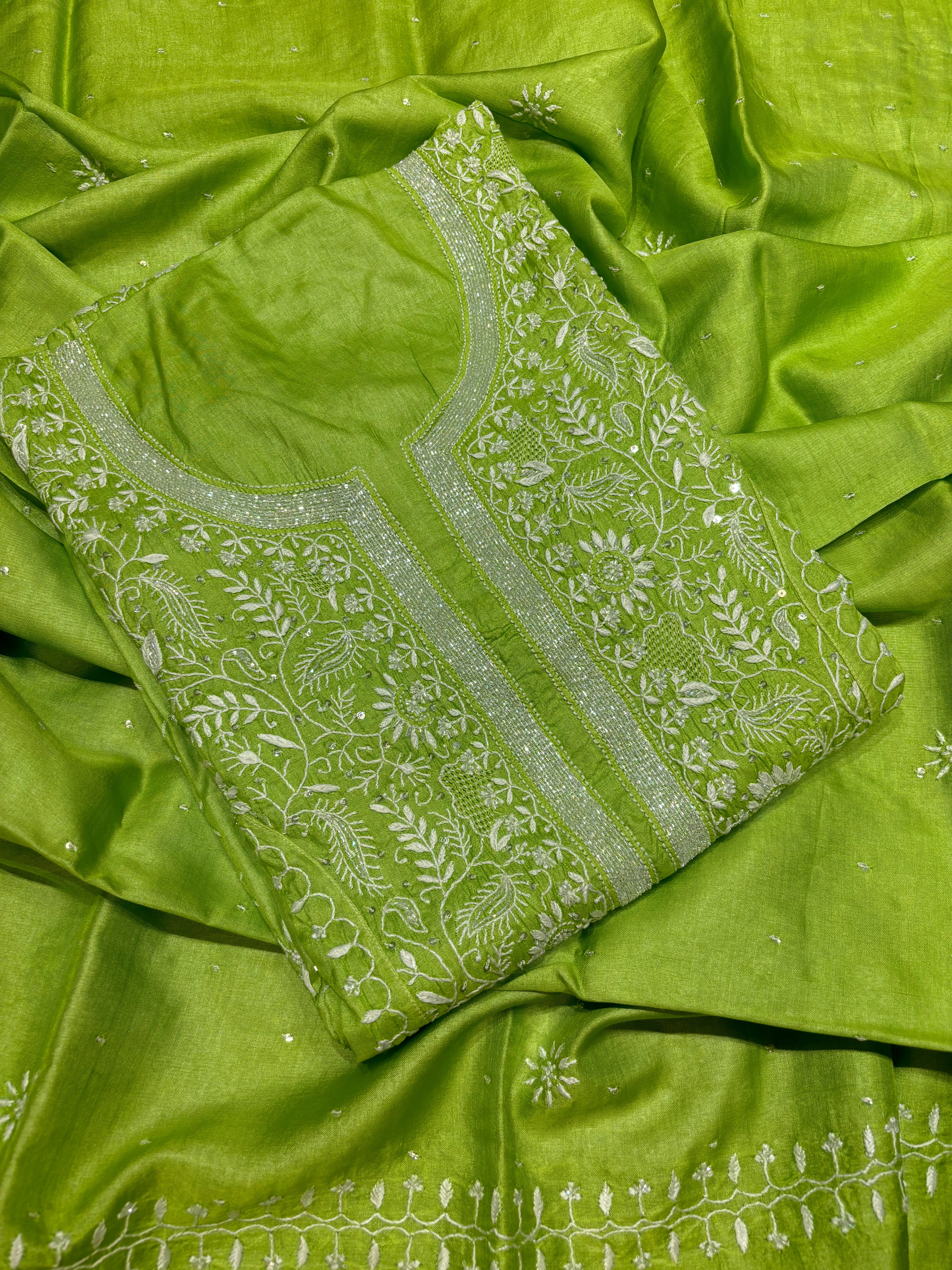 Green Silk Chikankari Kurta and Dupatta