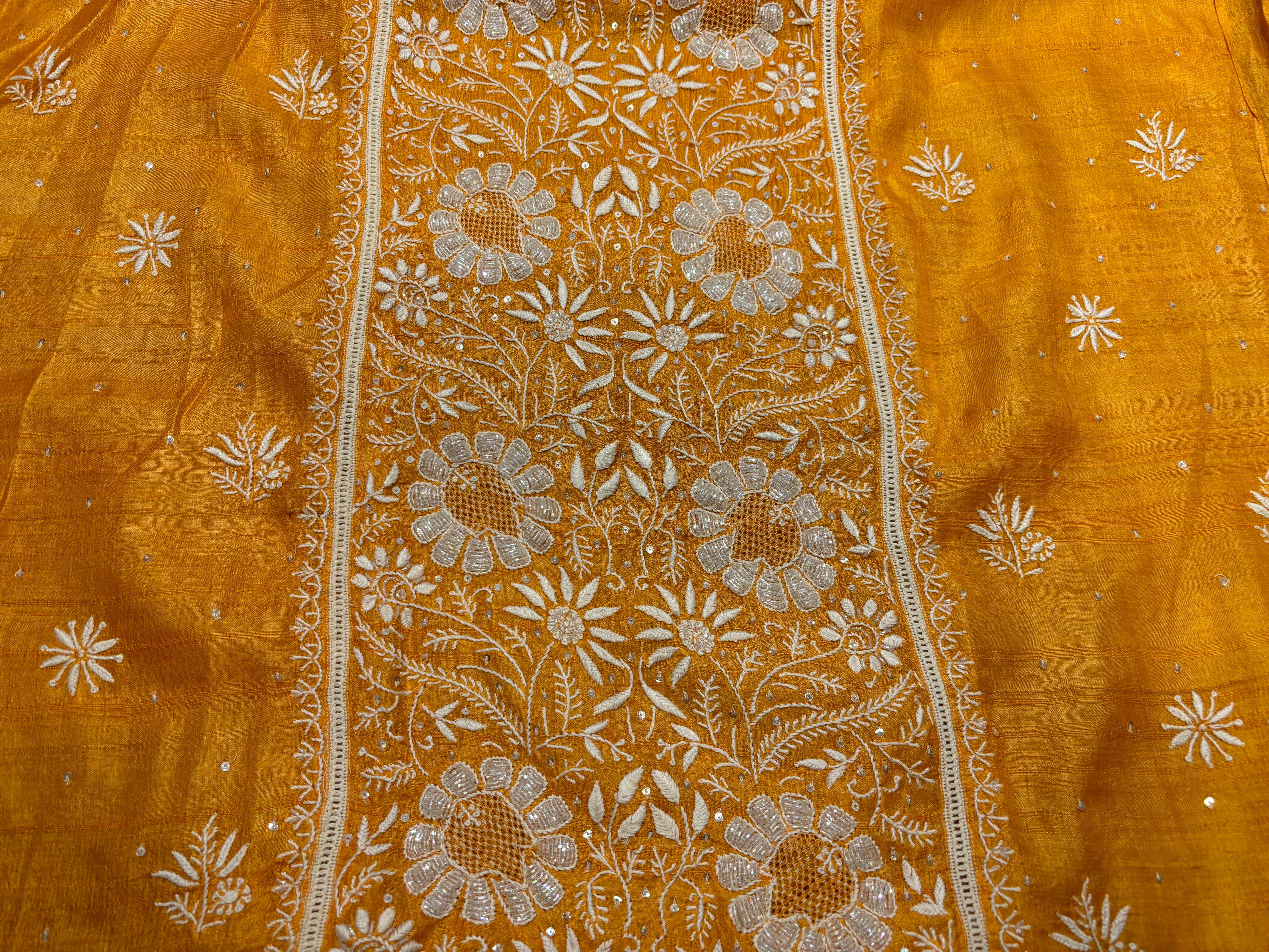 Orange Silk Chikankari Kurta and Dupatta