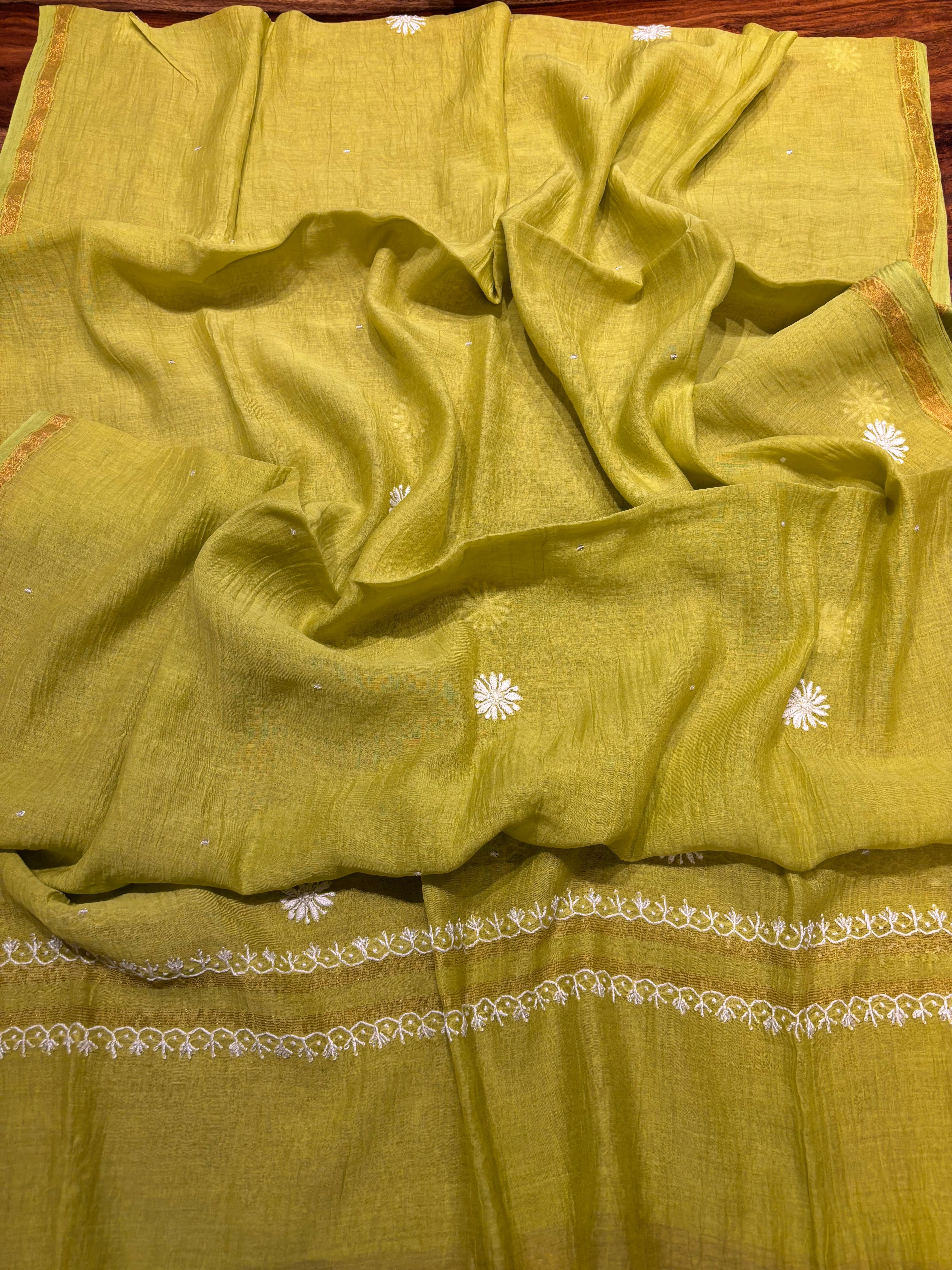 Lime Green Chanderi Mul Chikankari Anarkali and Dupatta