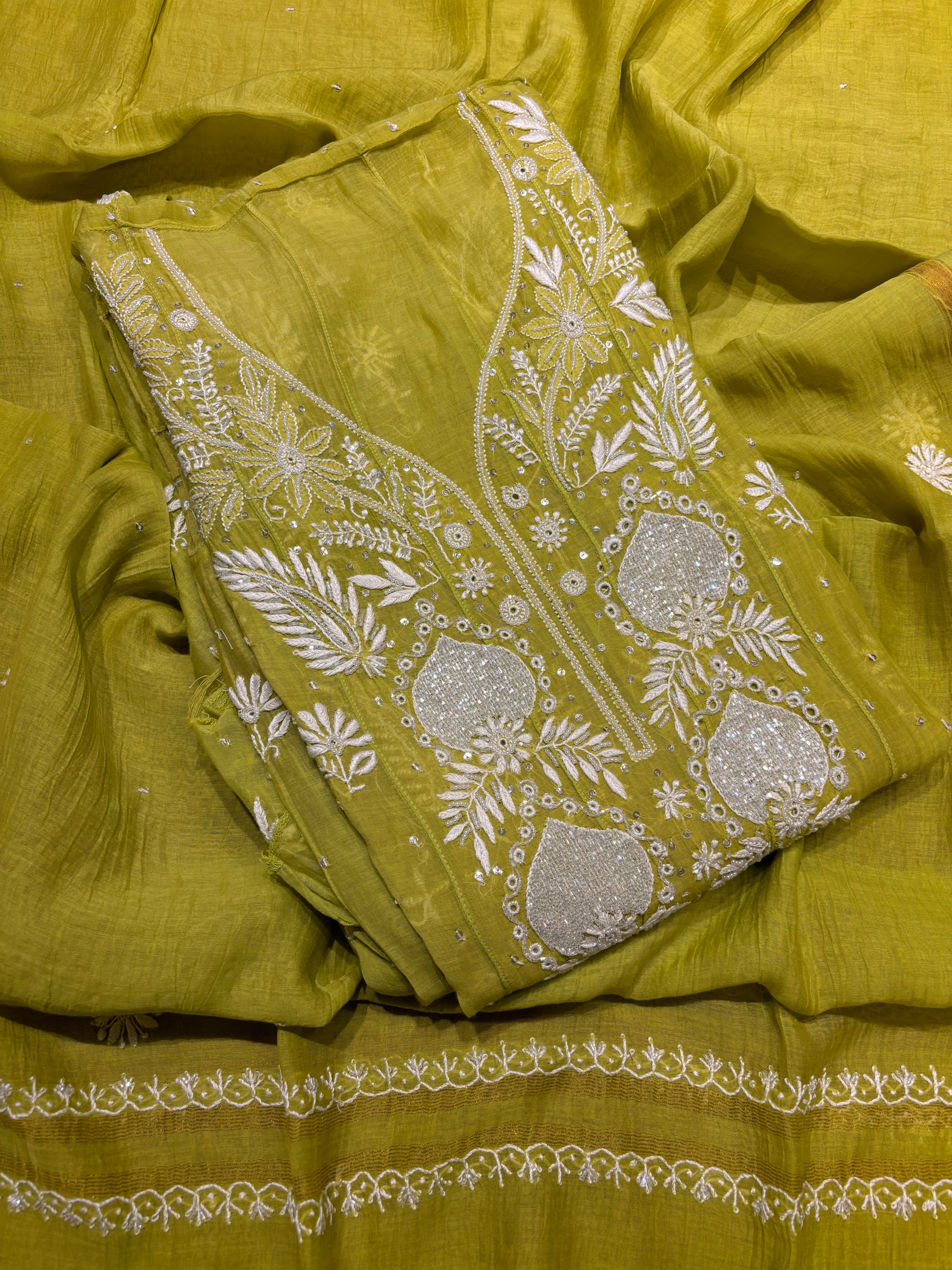 Lime Green Chanderi Mul Chikankari Anarkali and Dupatta