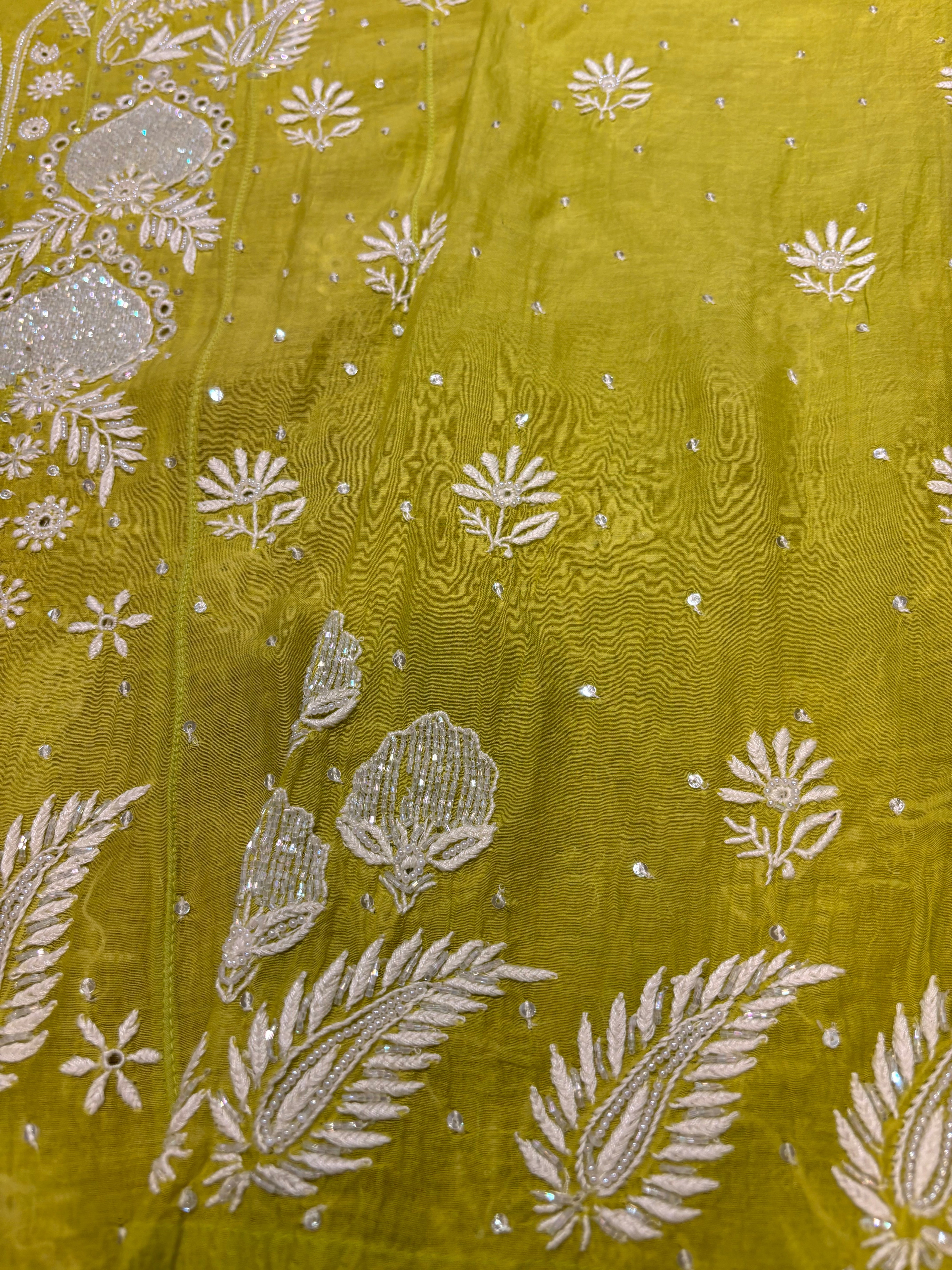 Lime Green Chanderi Mul Chikankari Anarkali and Dupatta