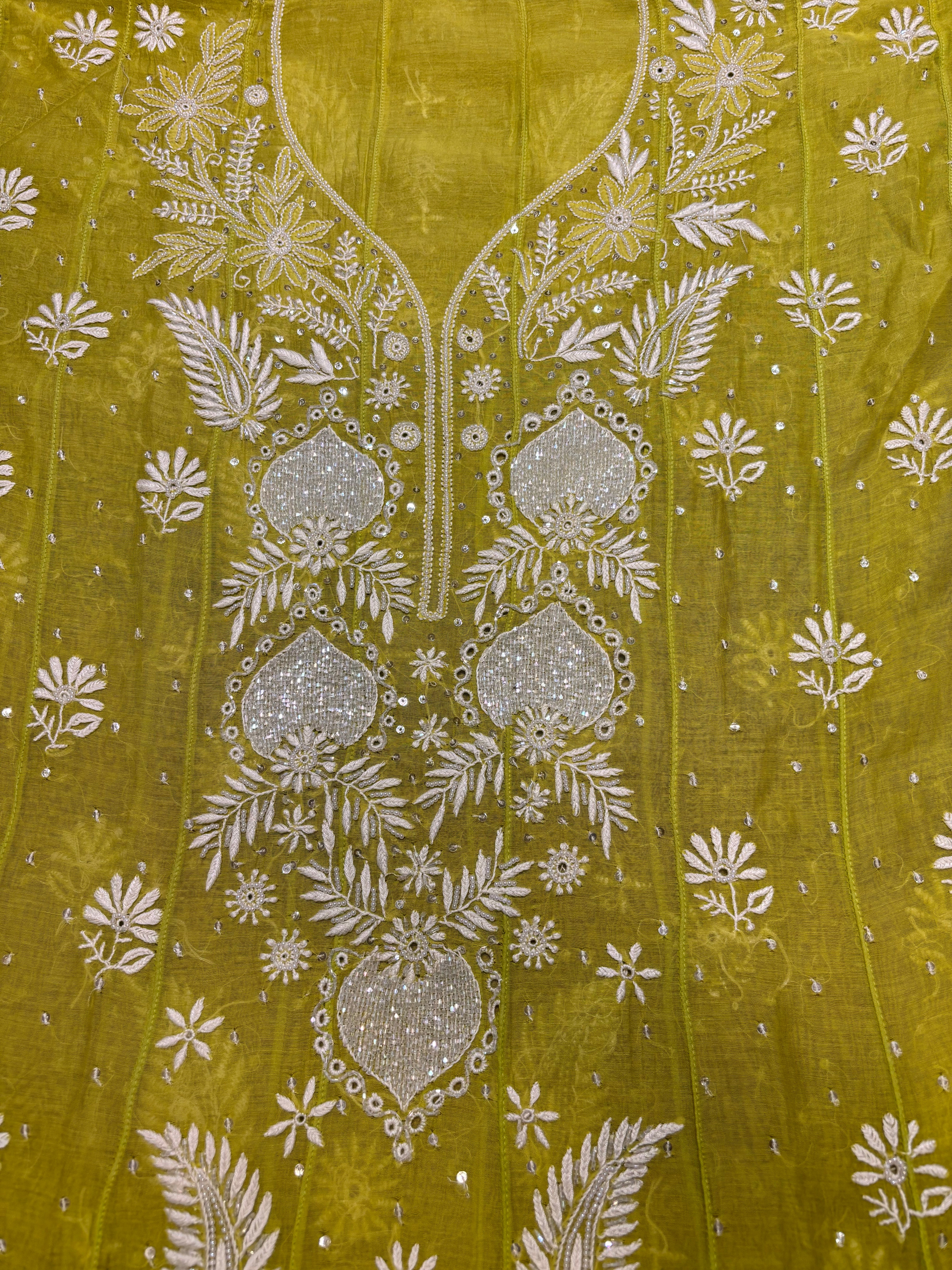 Lime Green Chanderi Mul Chikankari Anarkali and Dupatta