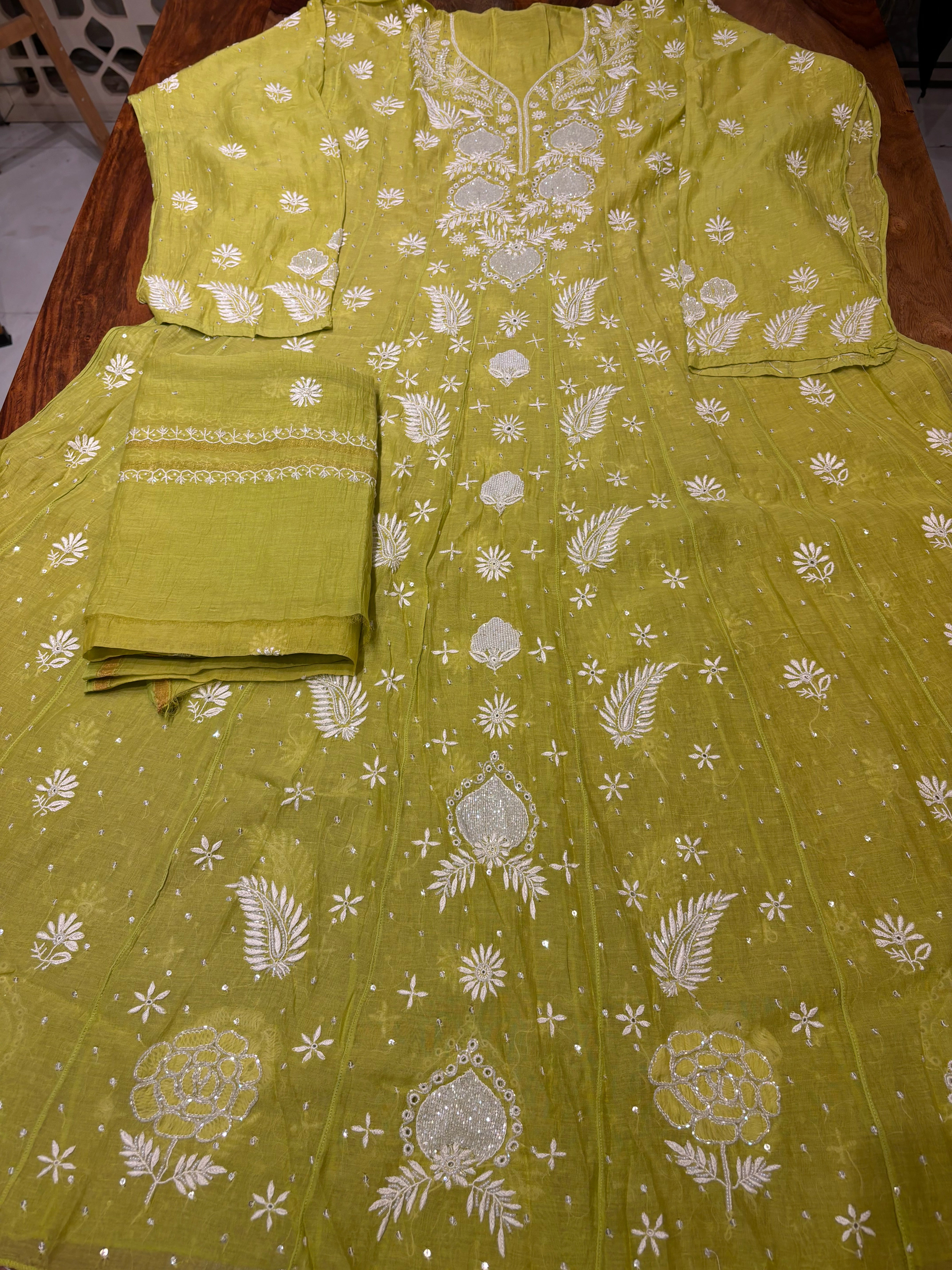 Lime Green Chanderi Mul Chikankari Anarkali and Dupatta