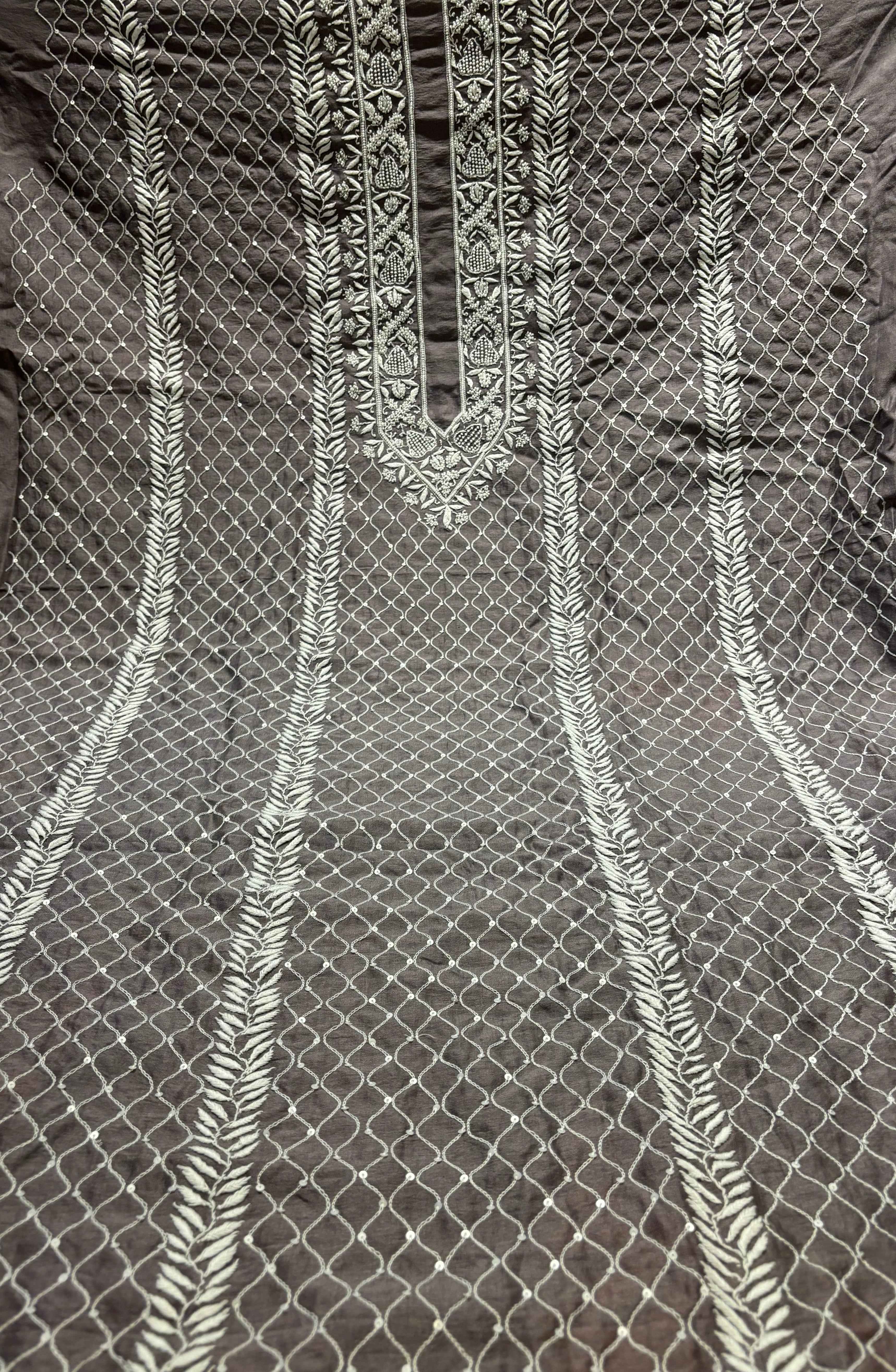 Midnight Purple Chanderi Silk Chikankari Men's Kurta Fabric - Pleats PleaseChikankari