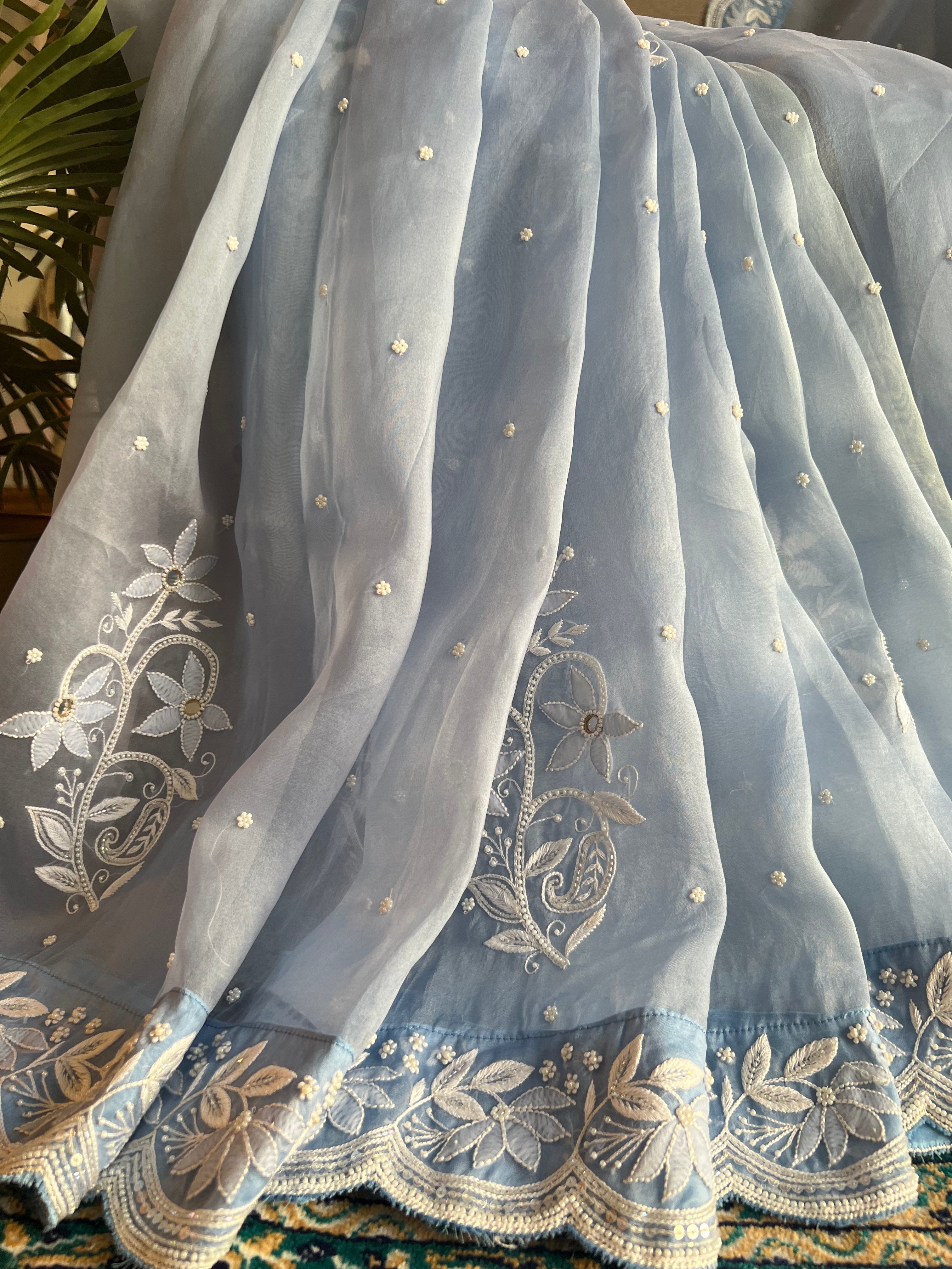 Sky Blue Organza Chikankari Saree and Blouse