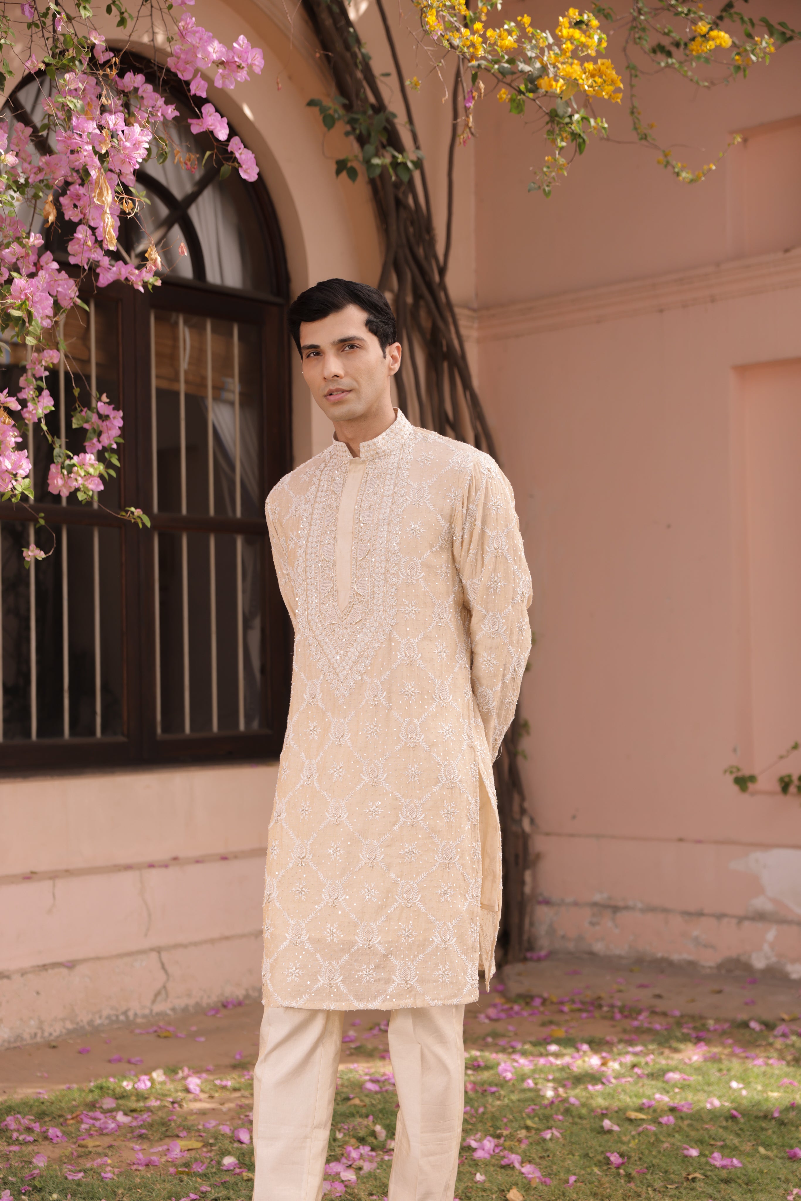Dyeable Gold Tissue Chikankari Men's Kurta - Pleats PleaseChikankari