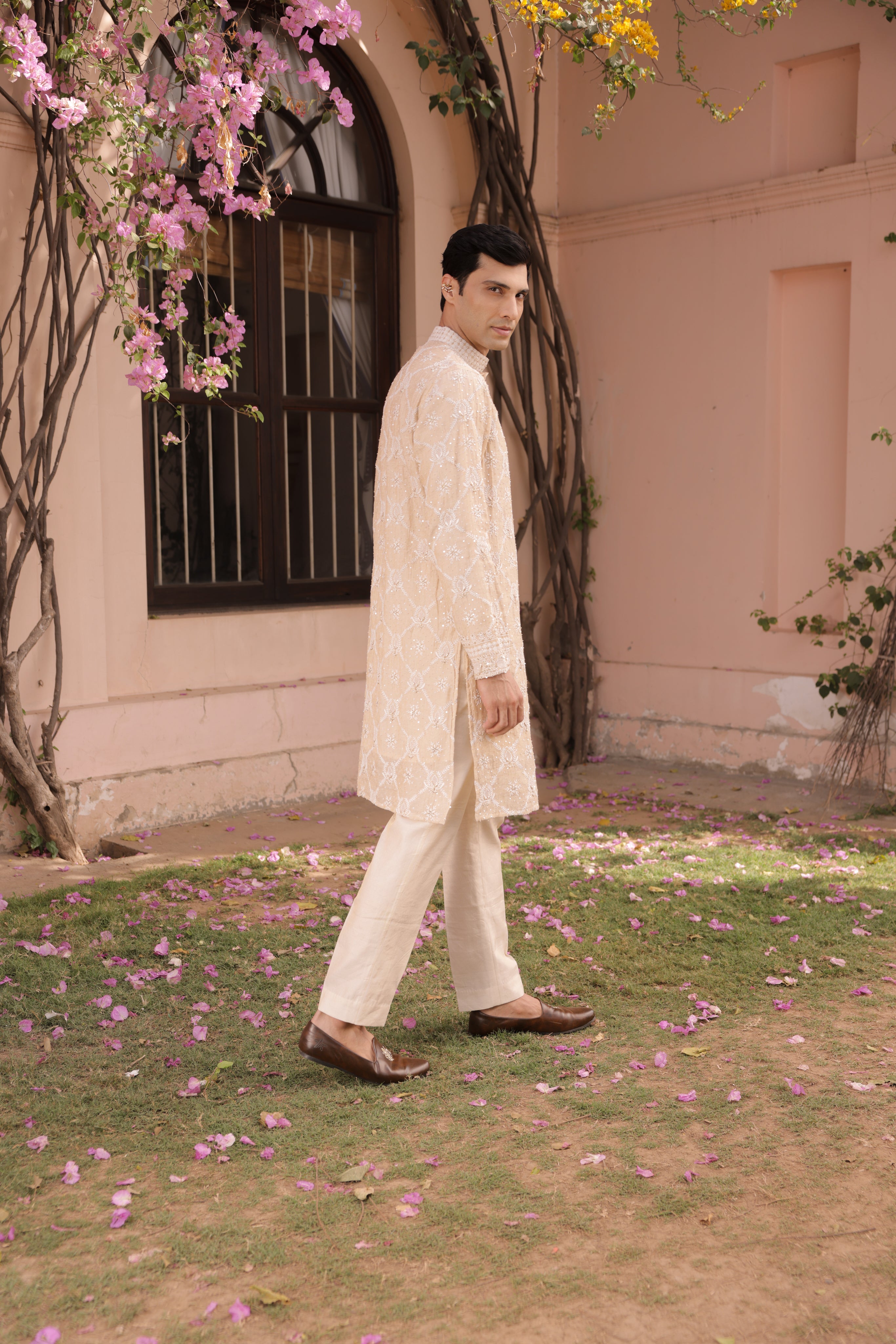 Dyeable Gold Tissue Chikankari Men's Kurta - Pleats PleaseChikankari