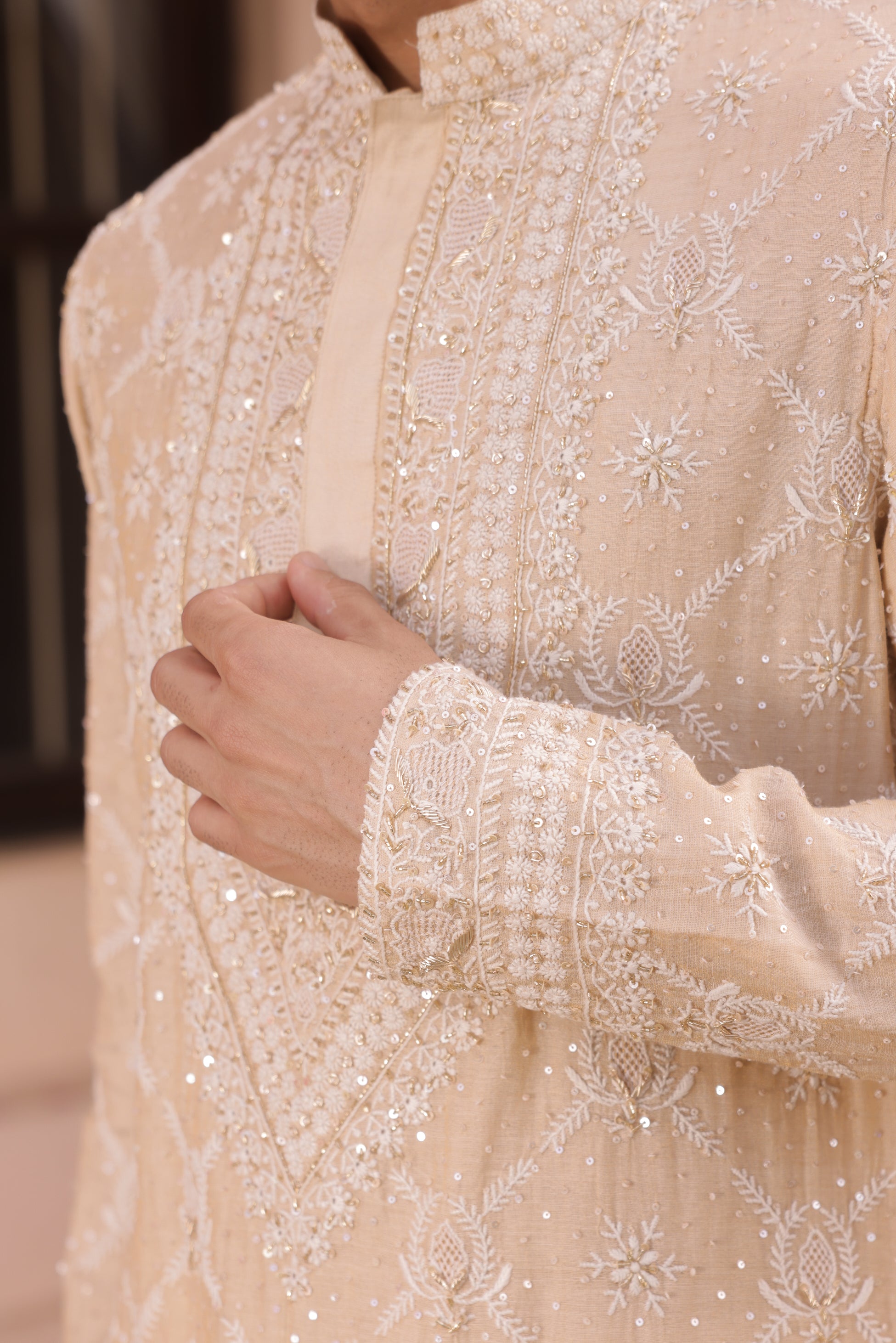 Dyeable Gold Tissue Chikankari Men's Kurta - Pleats PleaseChikankari