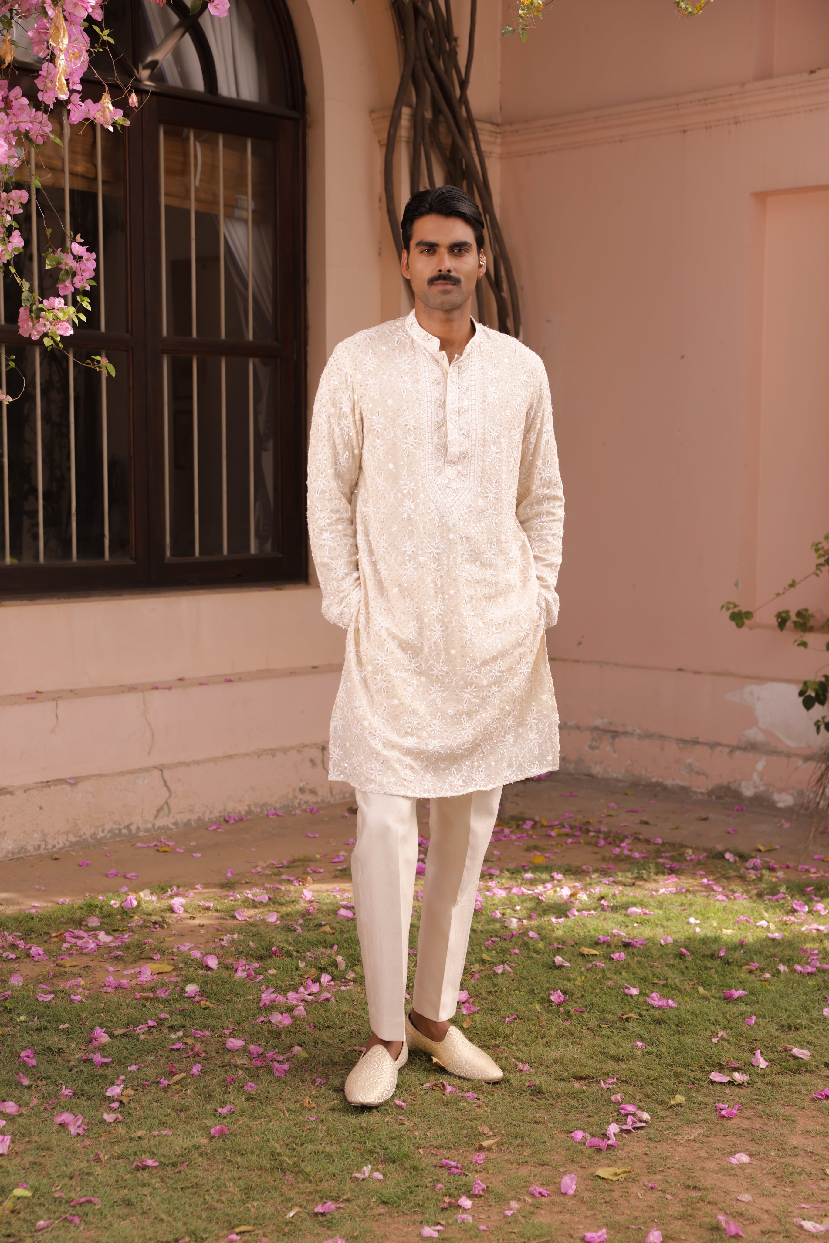Ivory Pure & Premium Georgette Chikankari Men's Kurta - Pleats PleaseChikankari