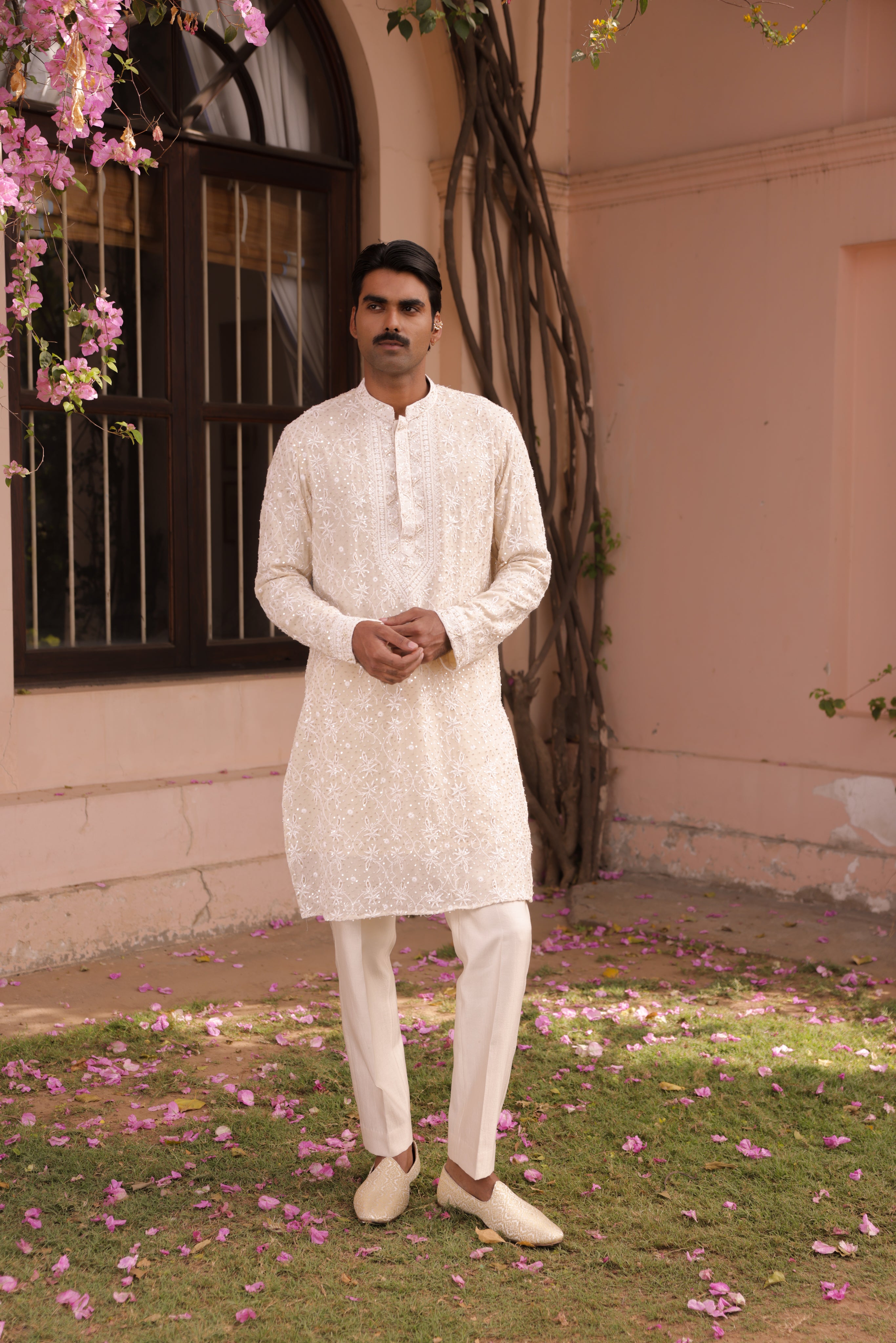 Ivory Pure & Premium Georgette Chikankari Men's Kurta - Pleats PleaseChikankari