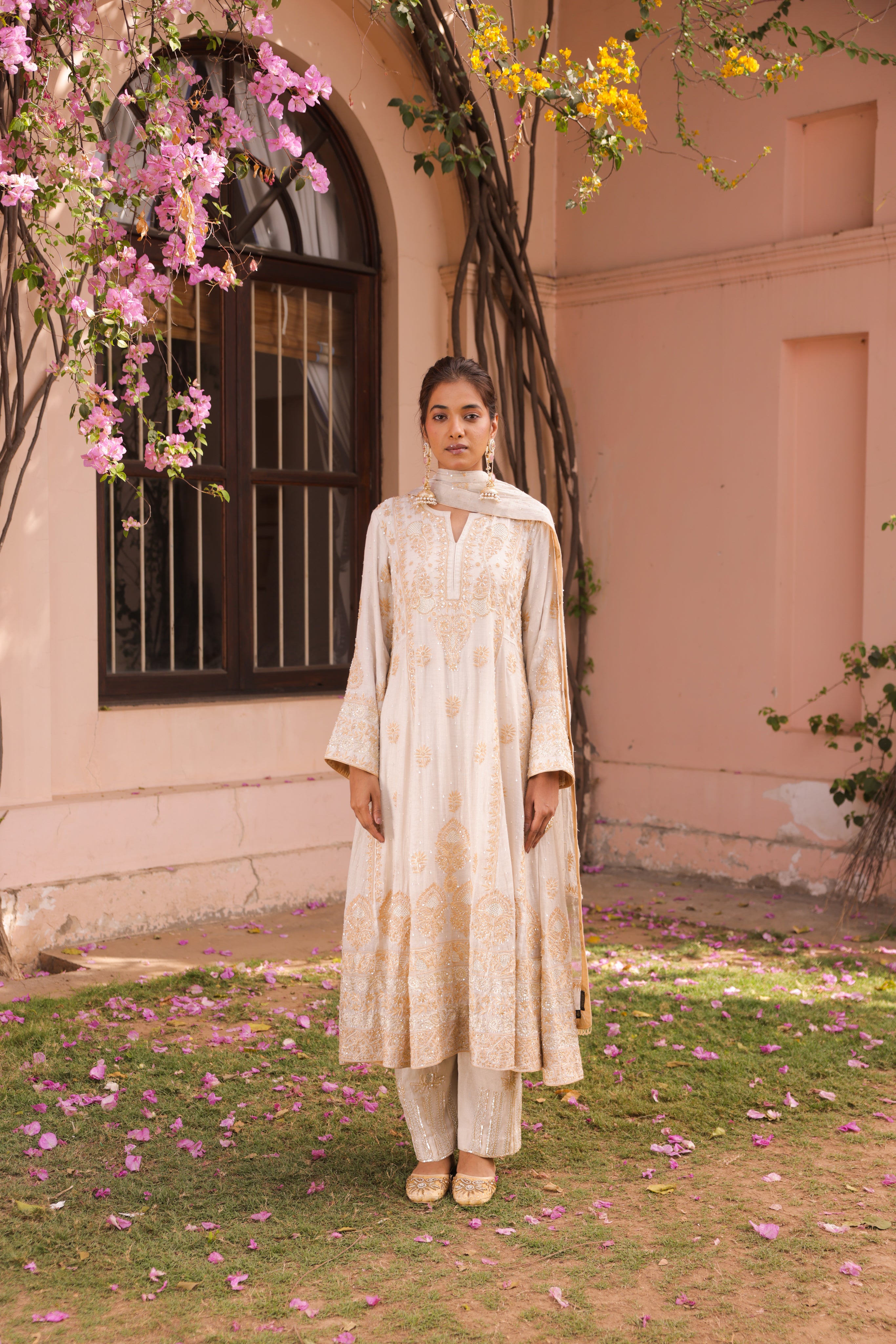 Dyeable Silver Tissue Chikankari Anarkali & Dupatta - Pleats PleaseChikankari
