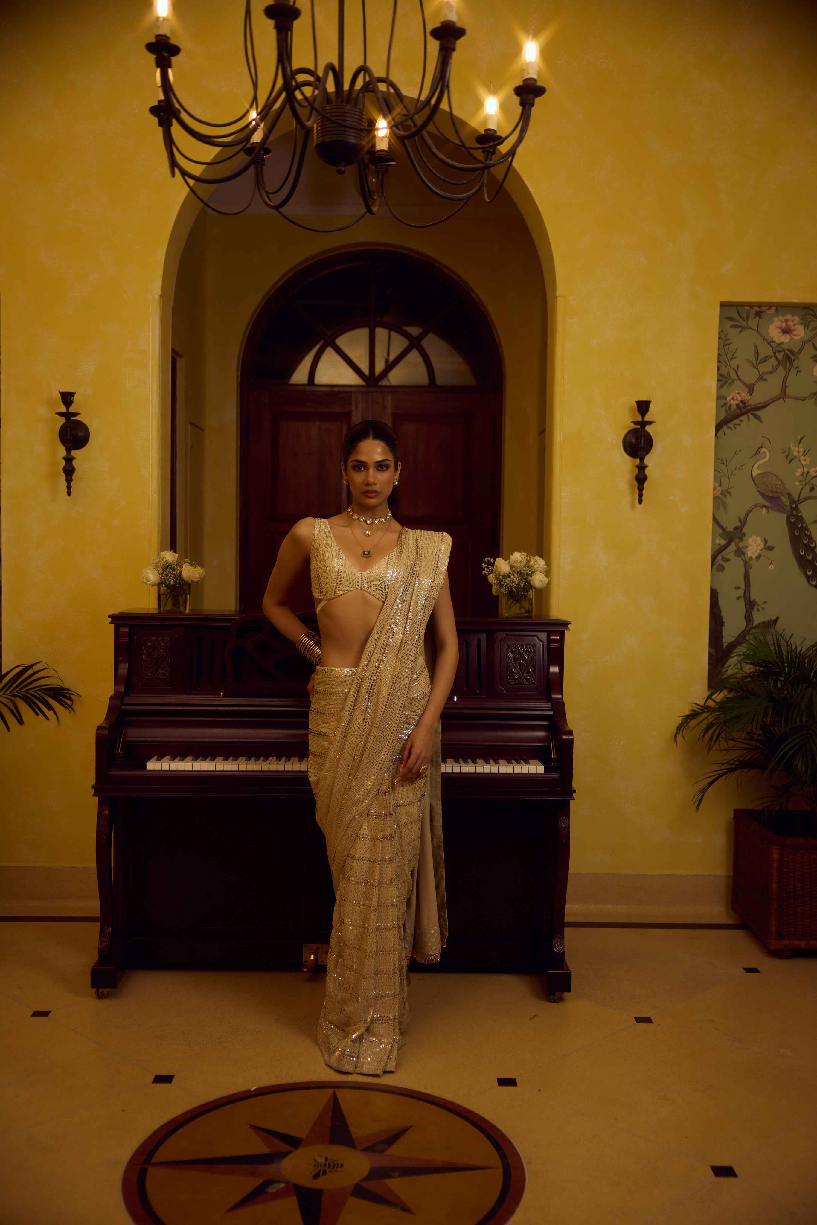 Celestial Shimmer: Pure & Premium Georgette Mukaish Saree