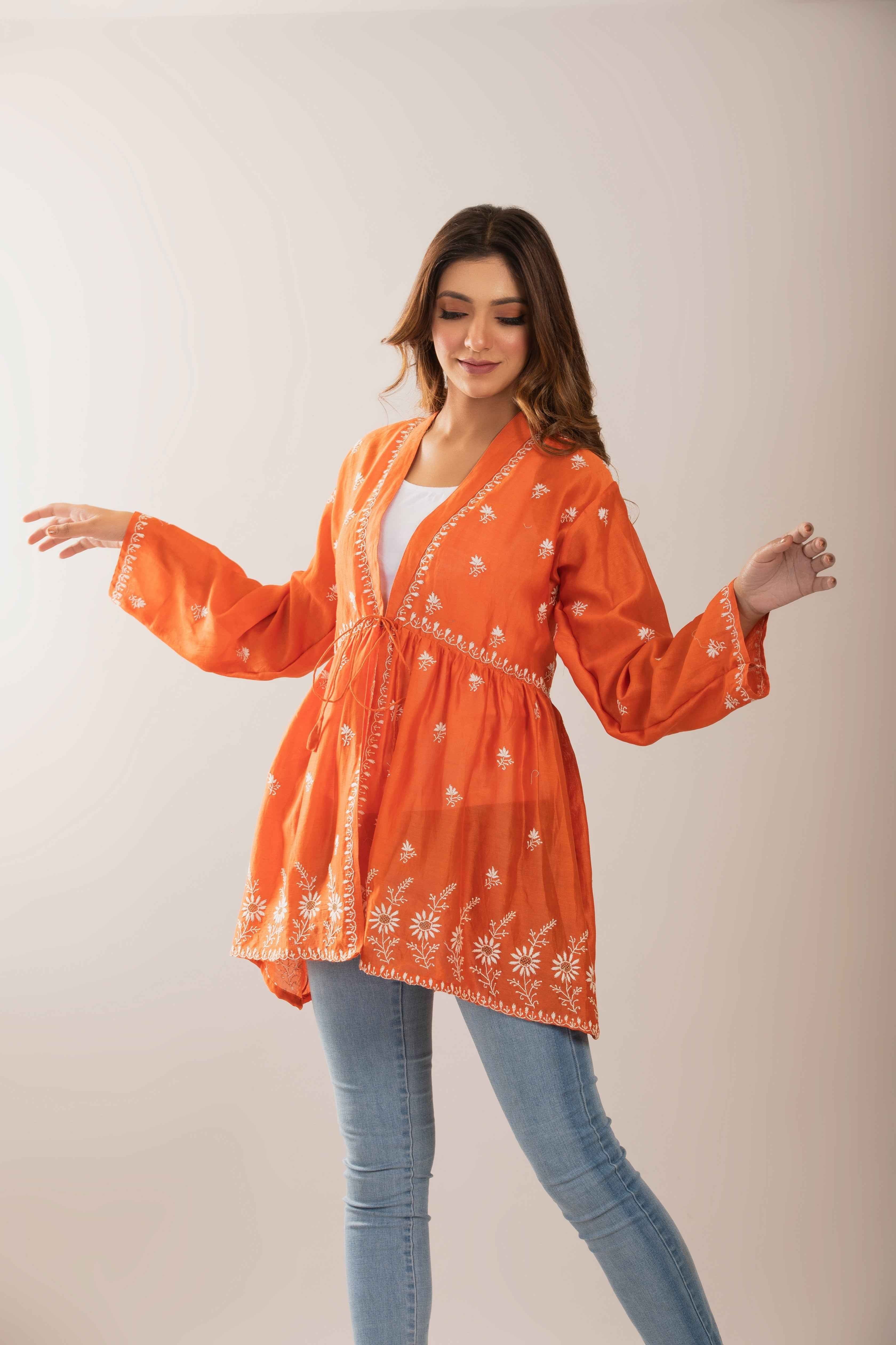 Orange Cape - Pleats PleaseChikankari