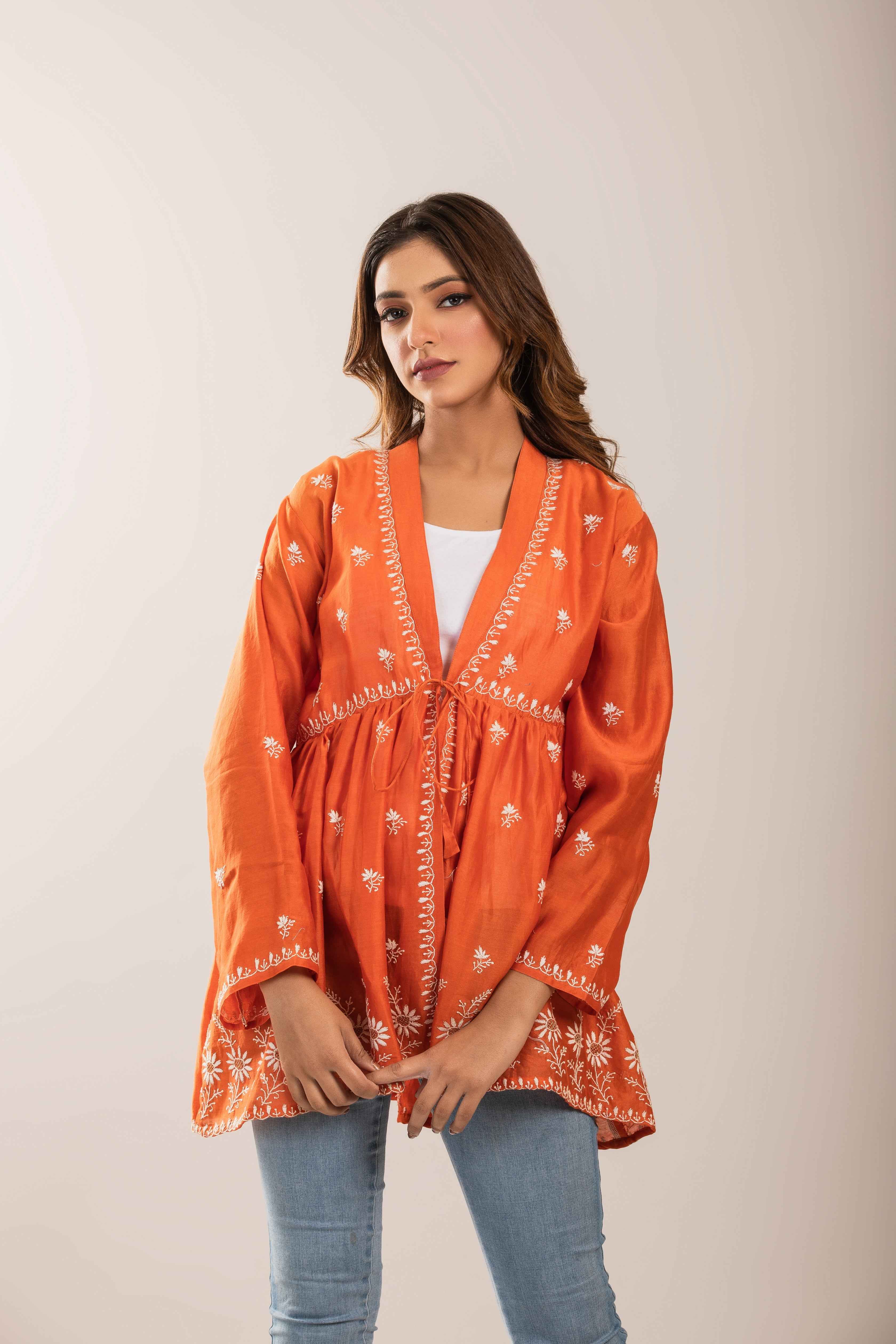 Orange Cape - Pleats PleaseChikankari