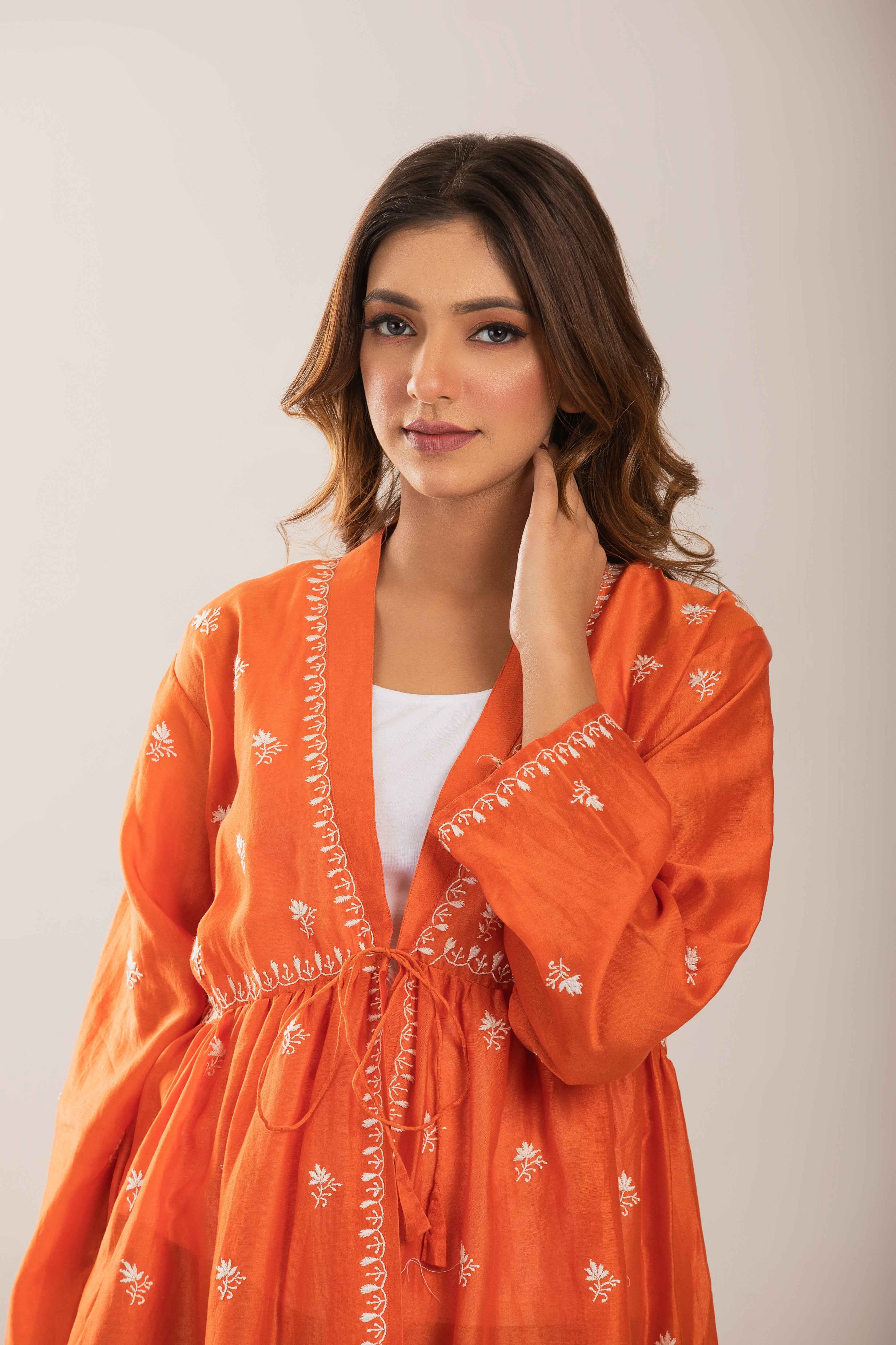 Orange Cape - Pleats PleaseChikankari
