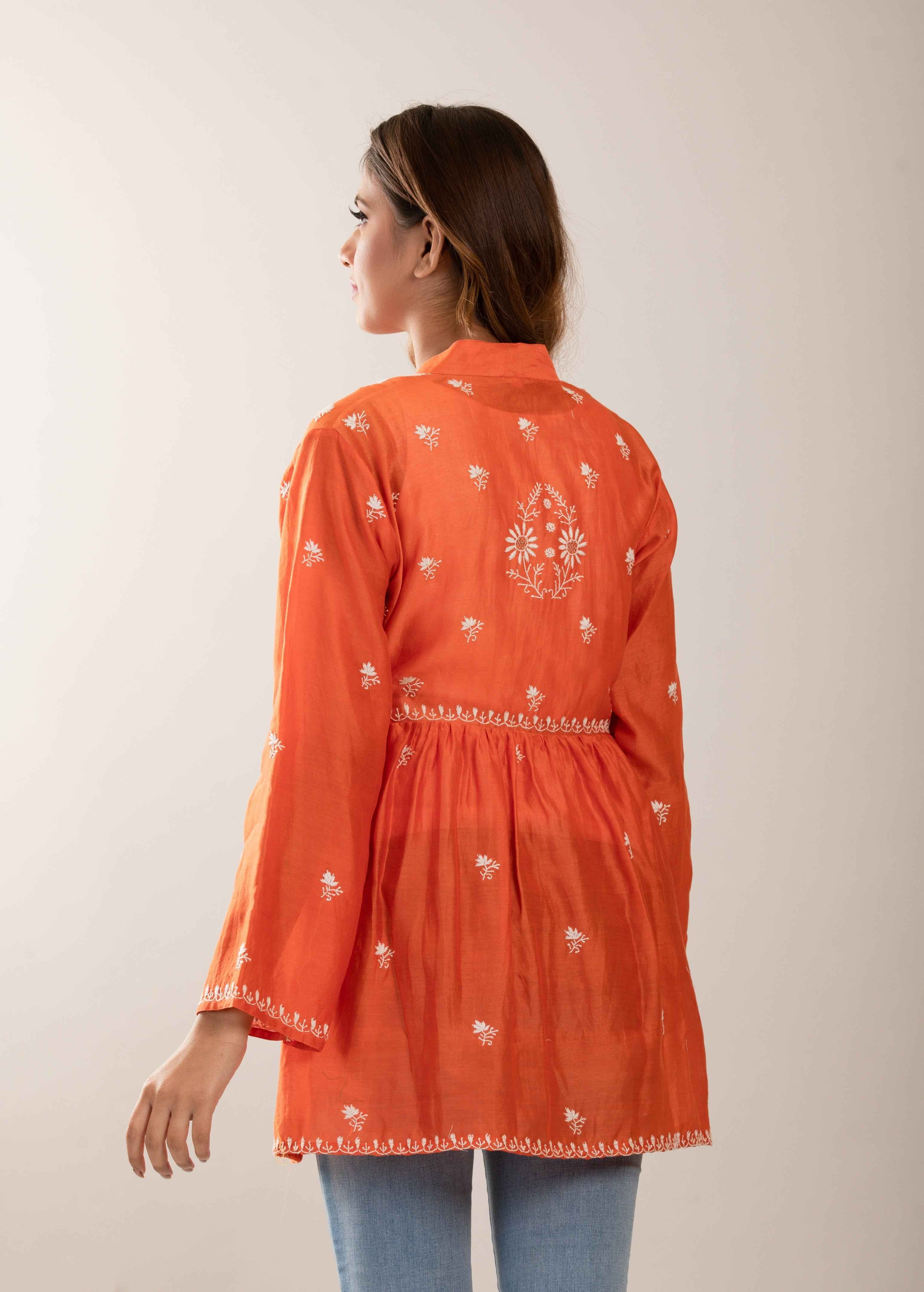 Orange Cape - Pleats PleaseChikankari