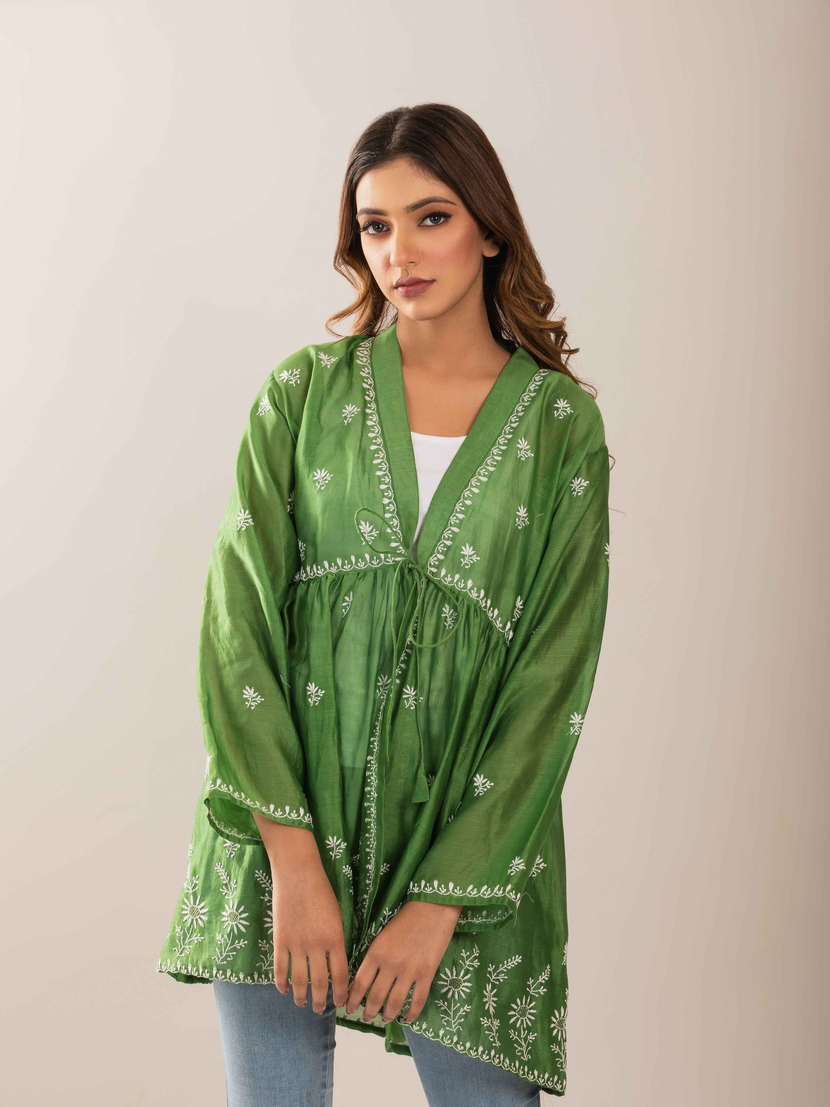Green Cape - Pleats PleaseChikankari