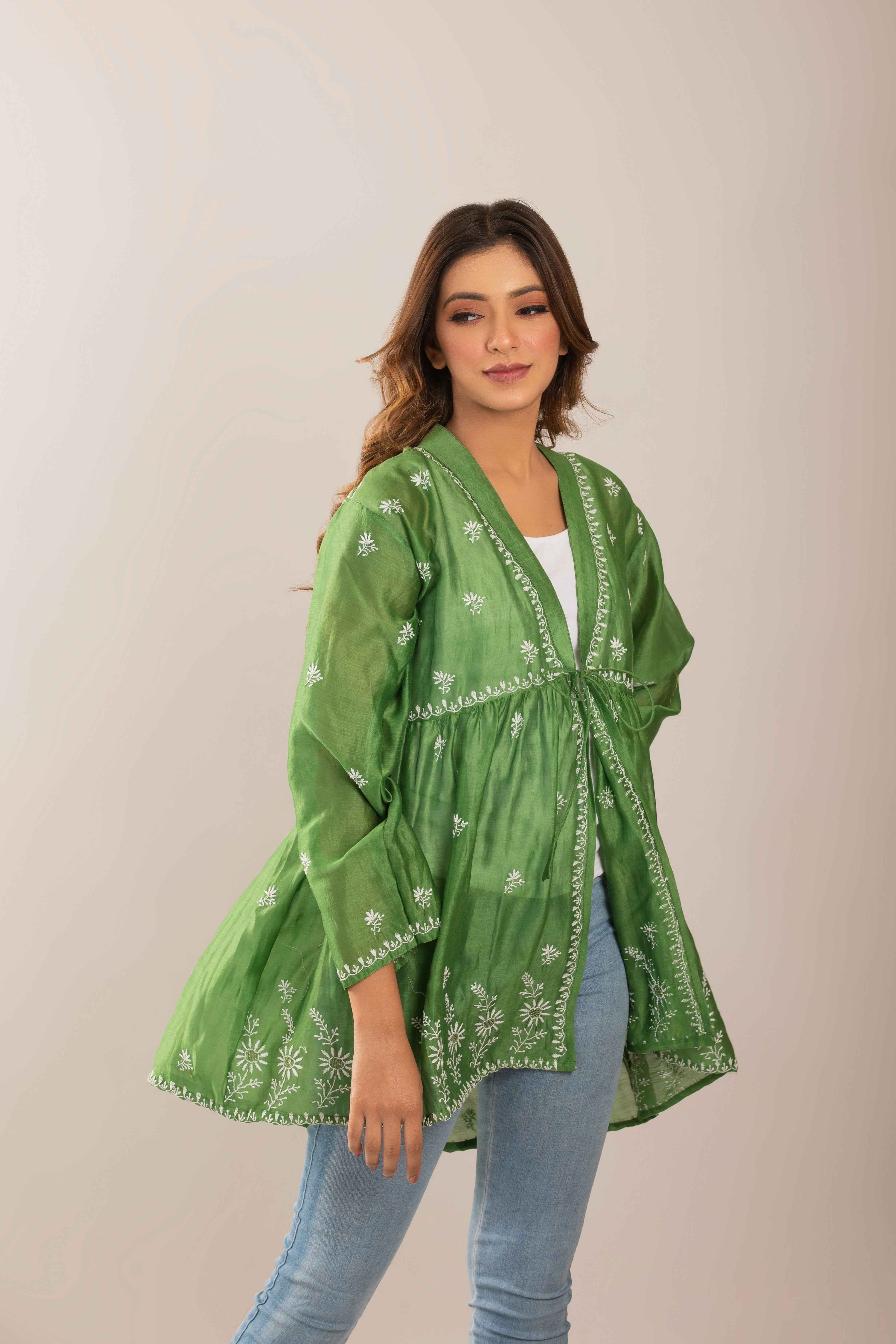 Green Cape - Pleats PleaseChikankari