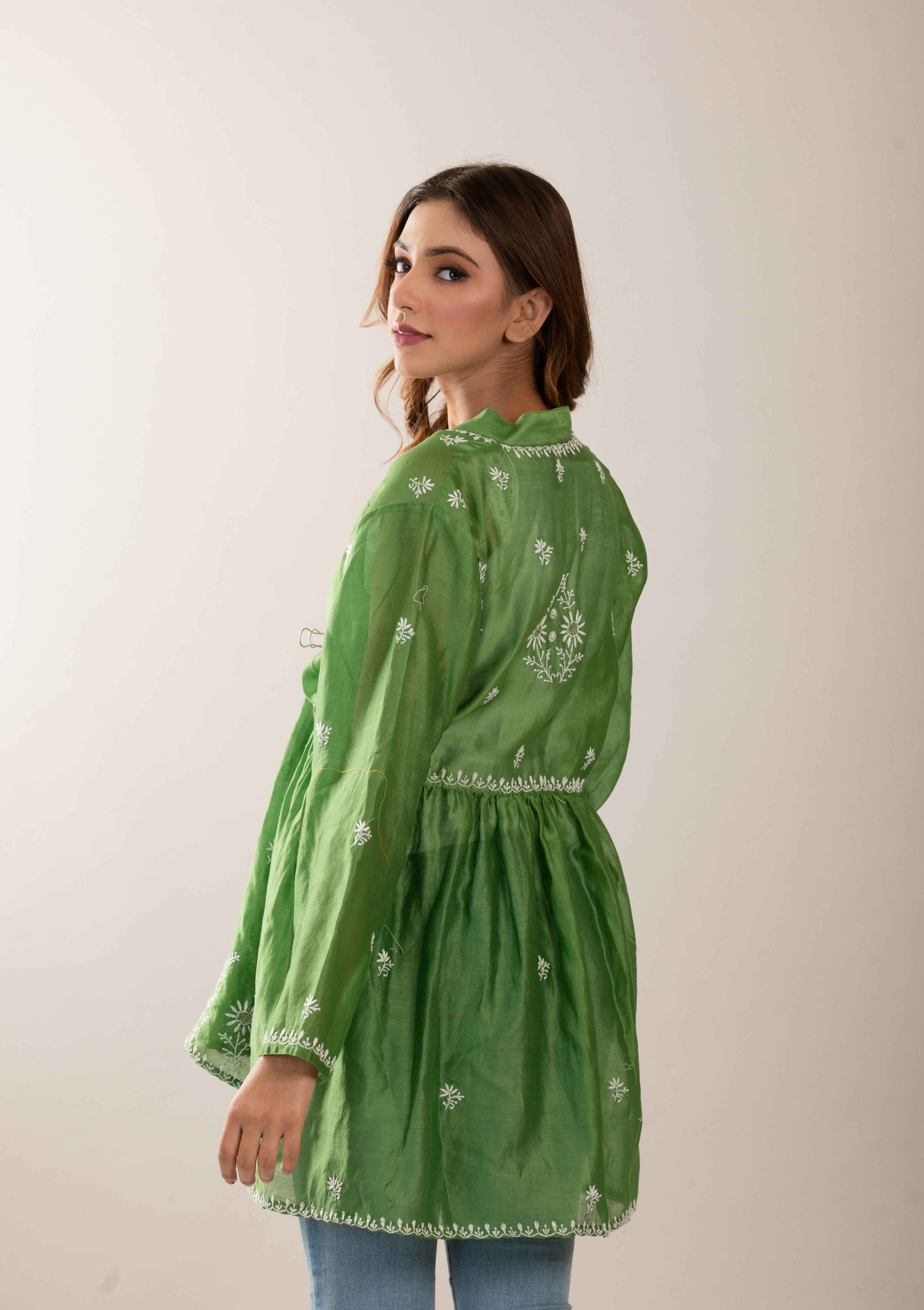 Green Cape - Pleats PleaseChikankari