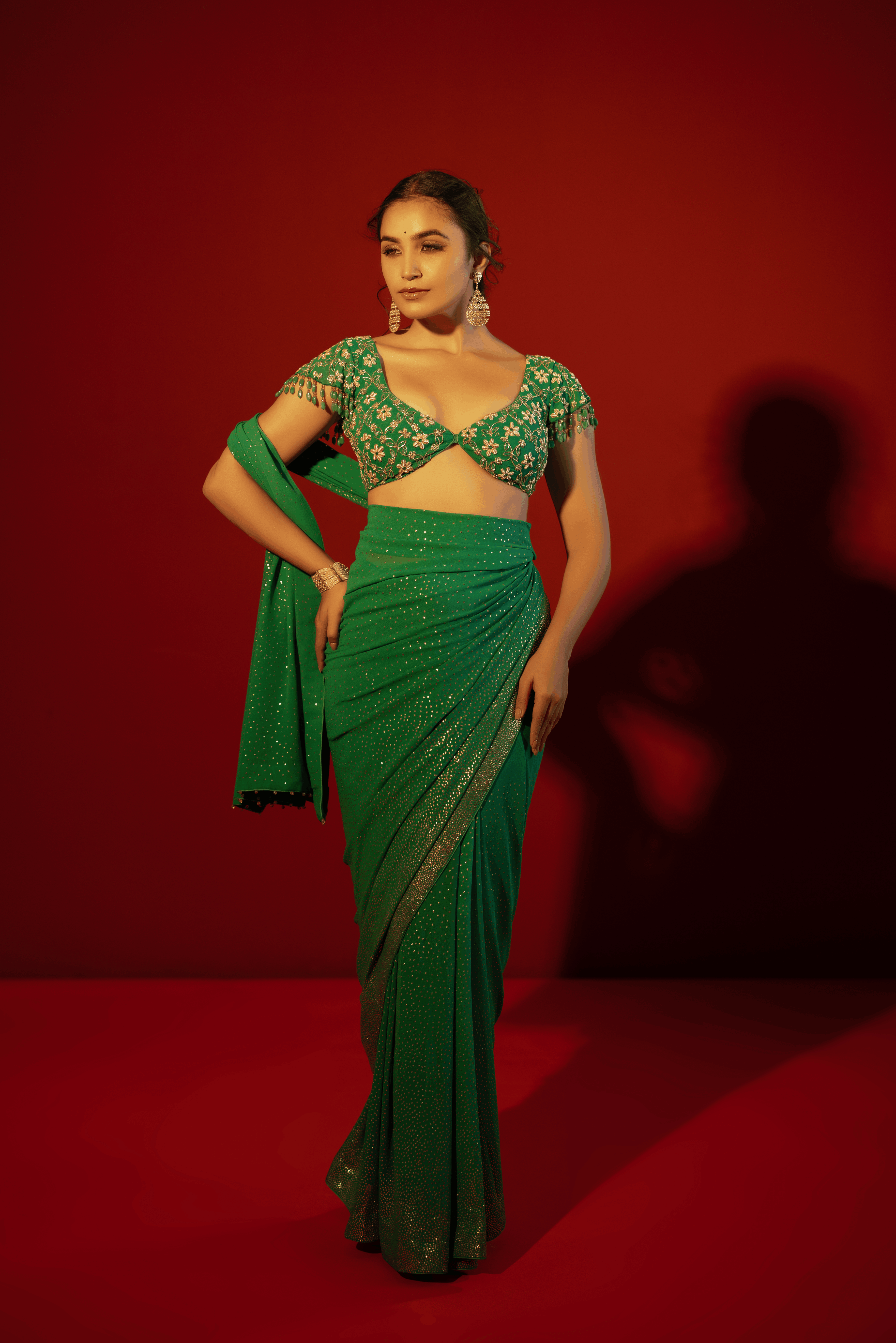 Emerald Green Pure and Premium Georgette Lakhdana Saree and Blouse