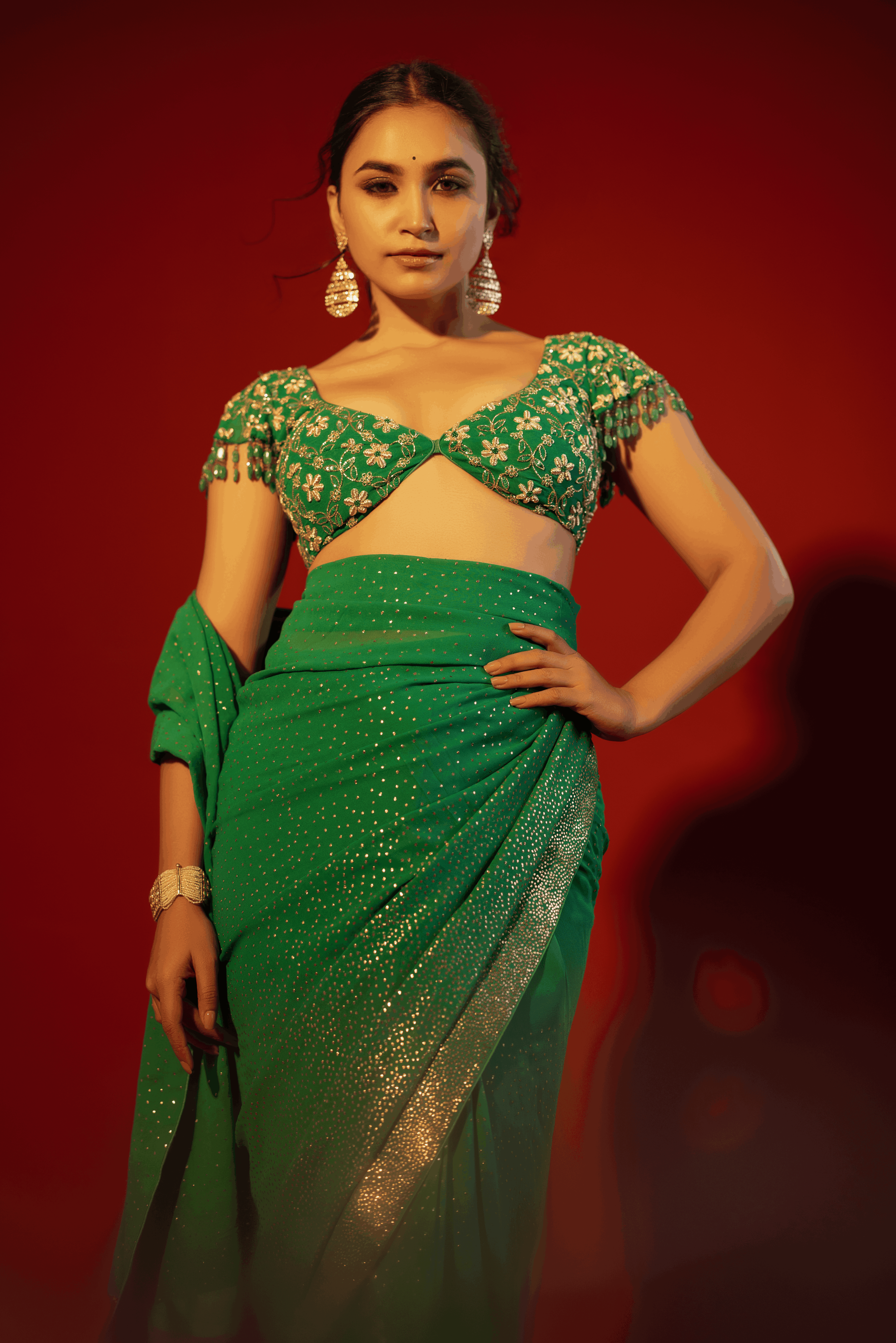 Emerald Green Pure and Premium Georgette Lakhdana Saree and Blouse