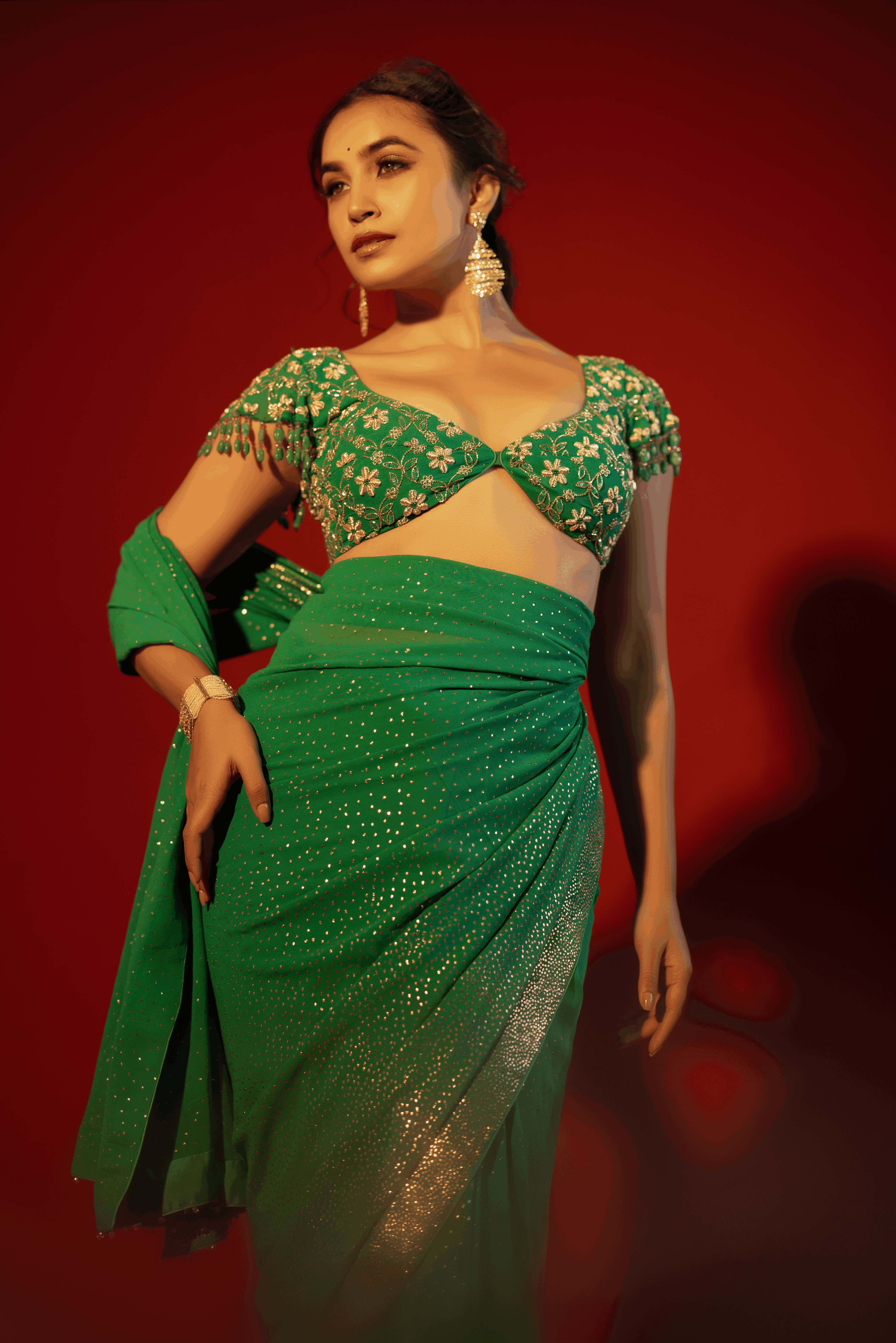 Emerald Green Pure and Premium Georgette Lakhdana Saree and Blouse