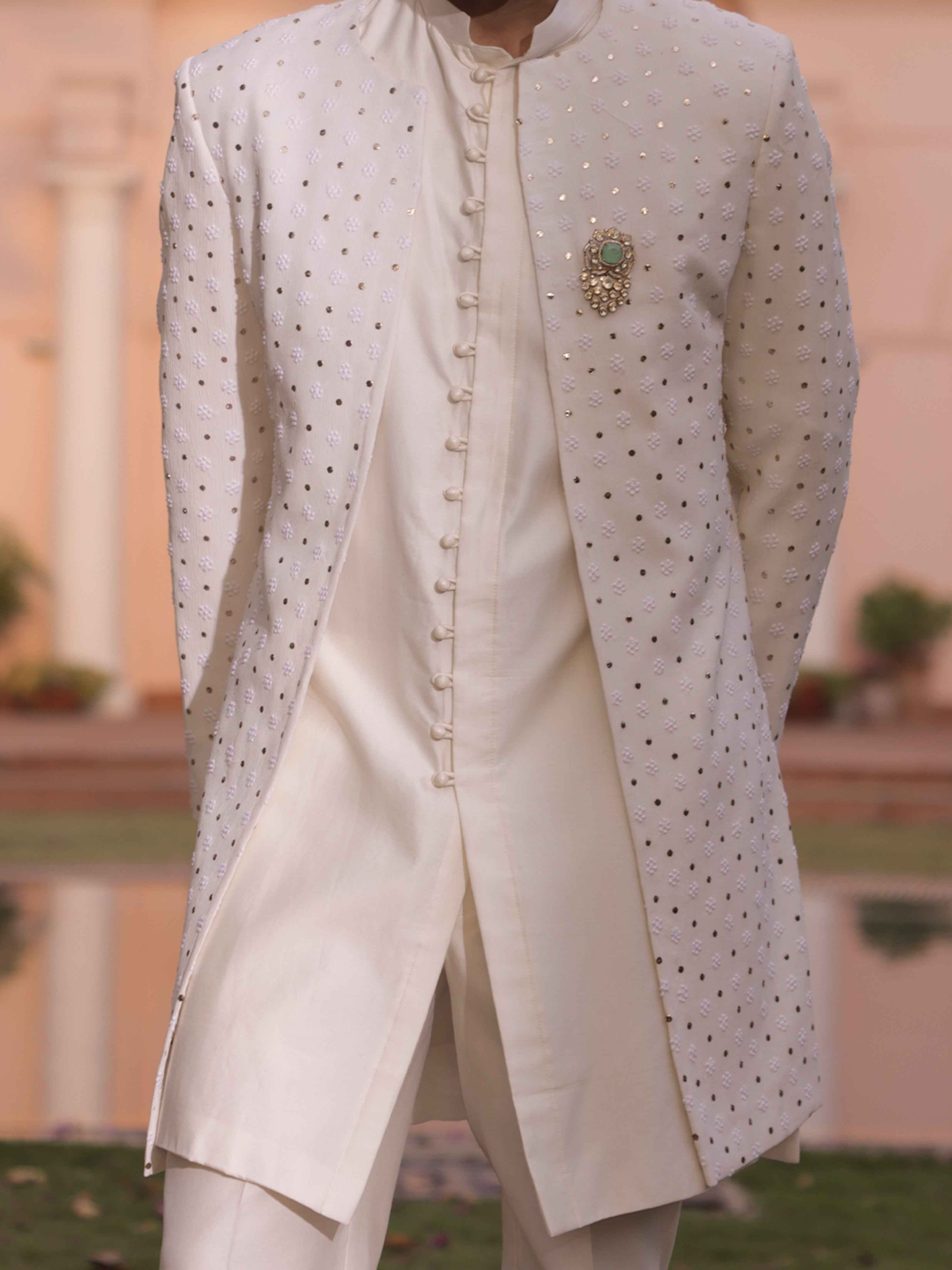 Ivory Pure & Premium Georgette Chikankari & Mukaish Indo Western Sherwani
