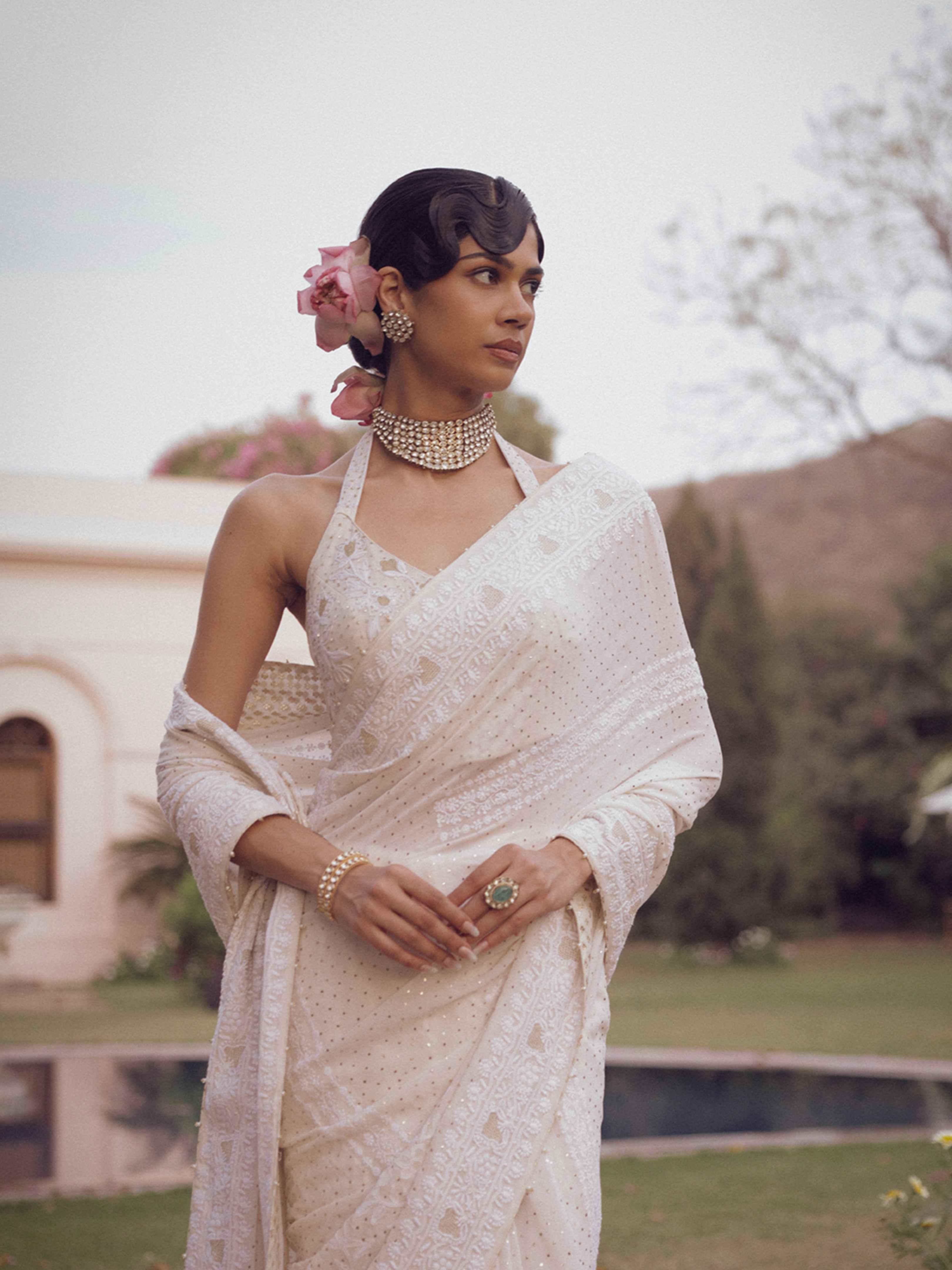 Dyeable White Pure & Premium Chikankari & Mukaish Saree & Blouse
