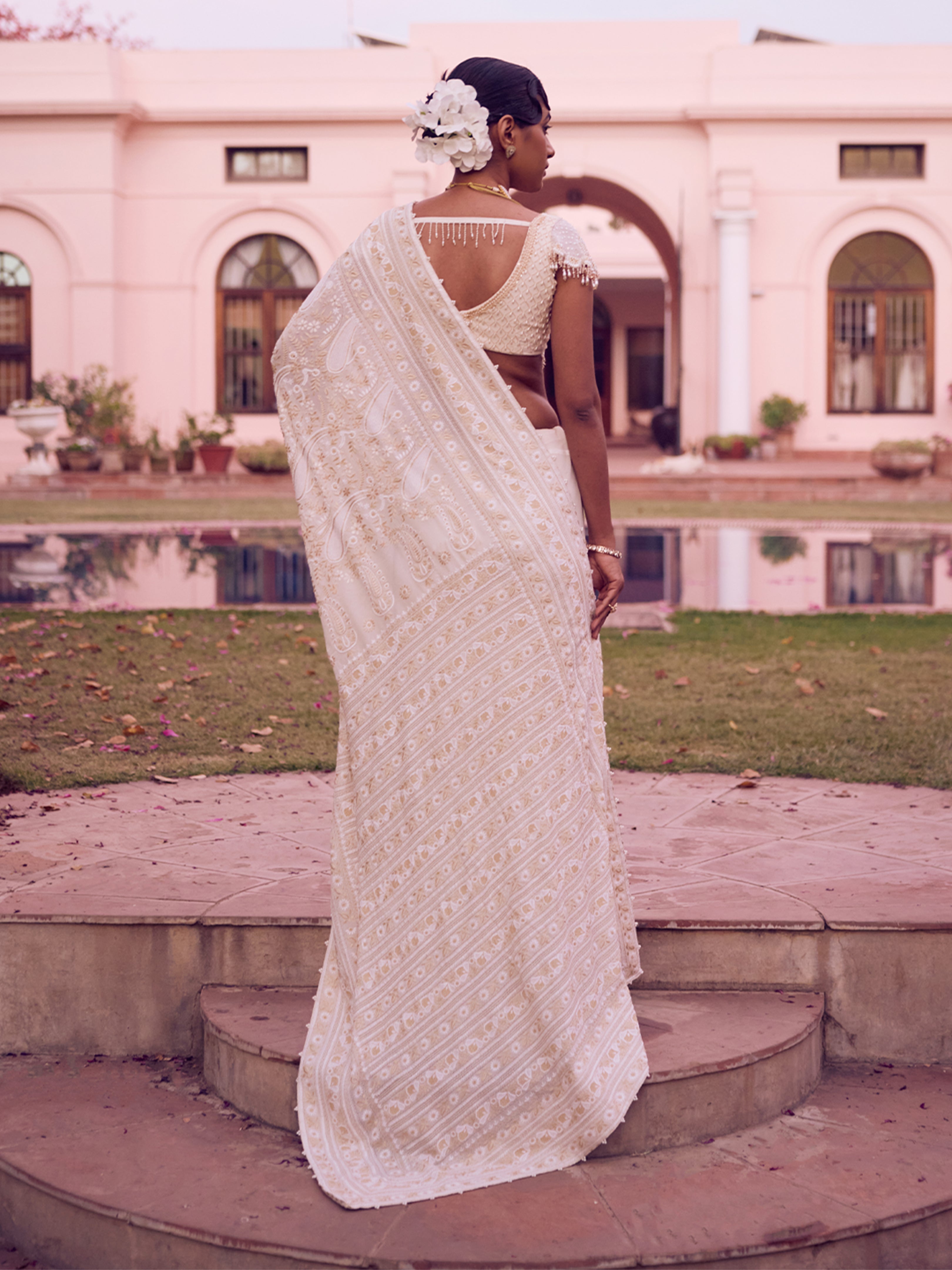 Ivory Pure & Premium Georgette Chikankari Saree and Blouse