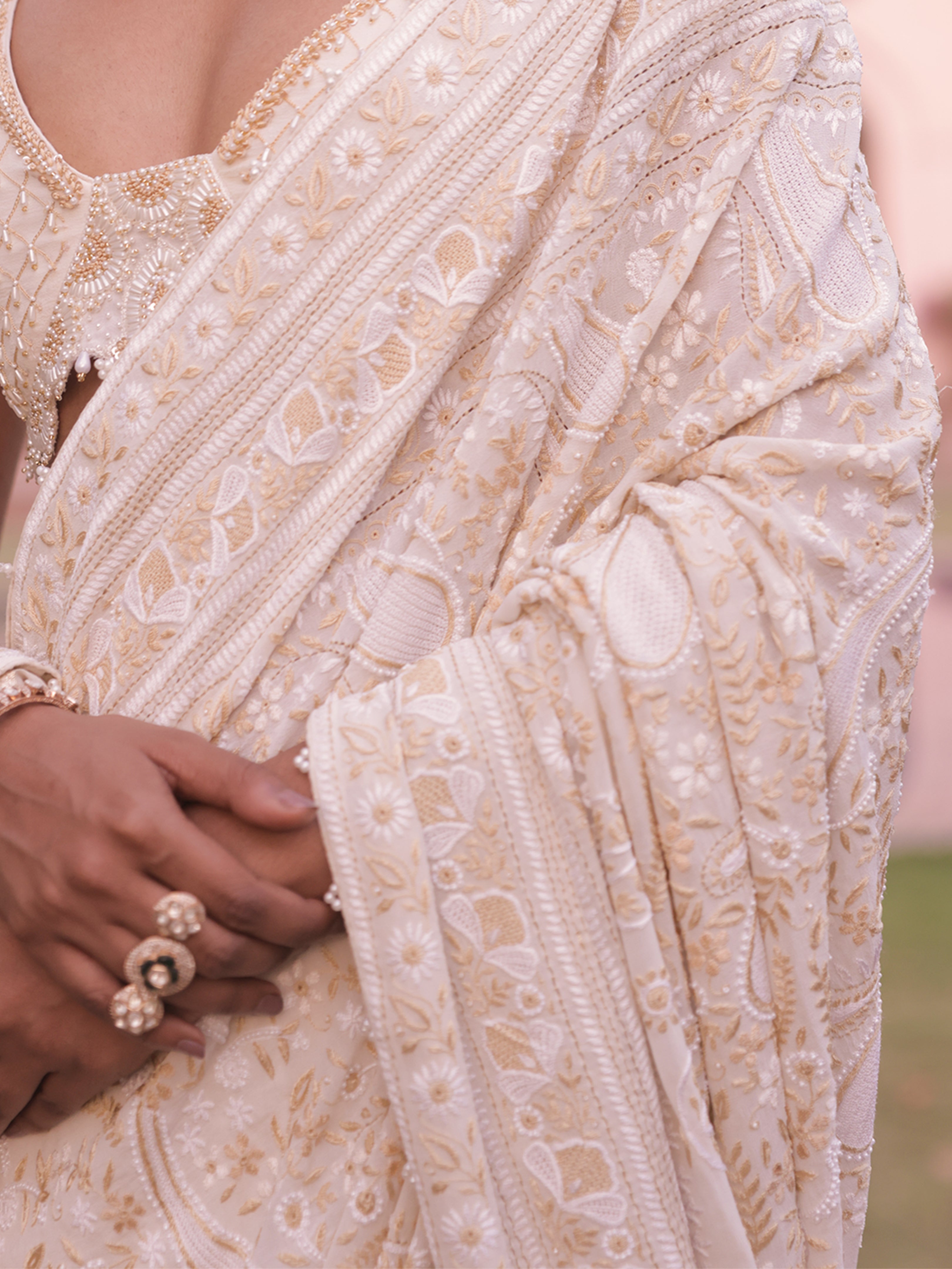 Ivory Pure & Premium Georgette Chikankari Saree and Blouse
