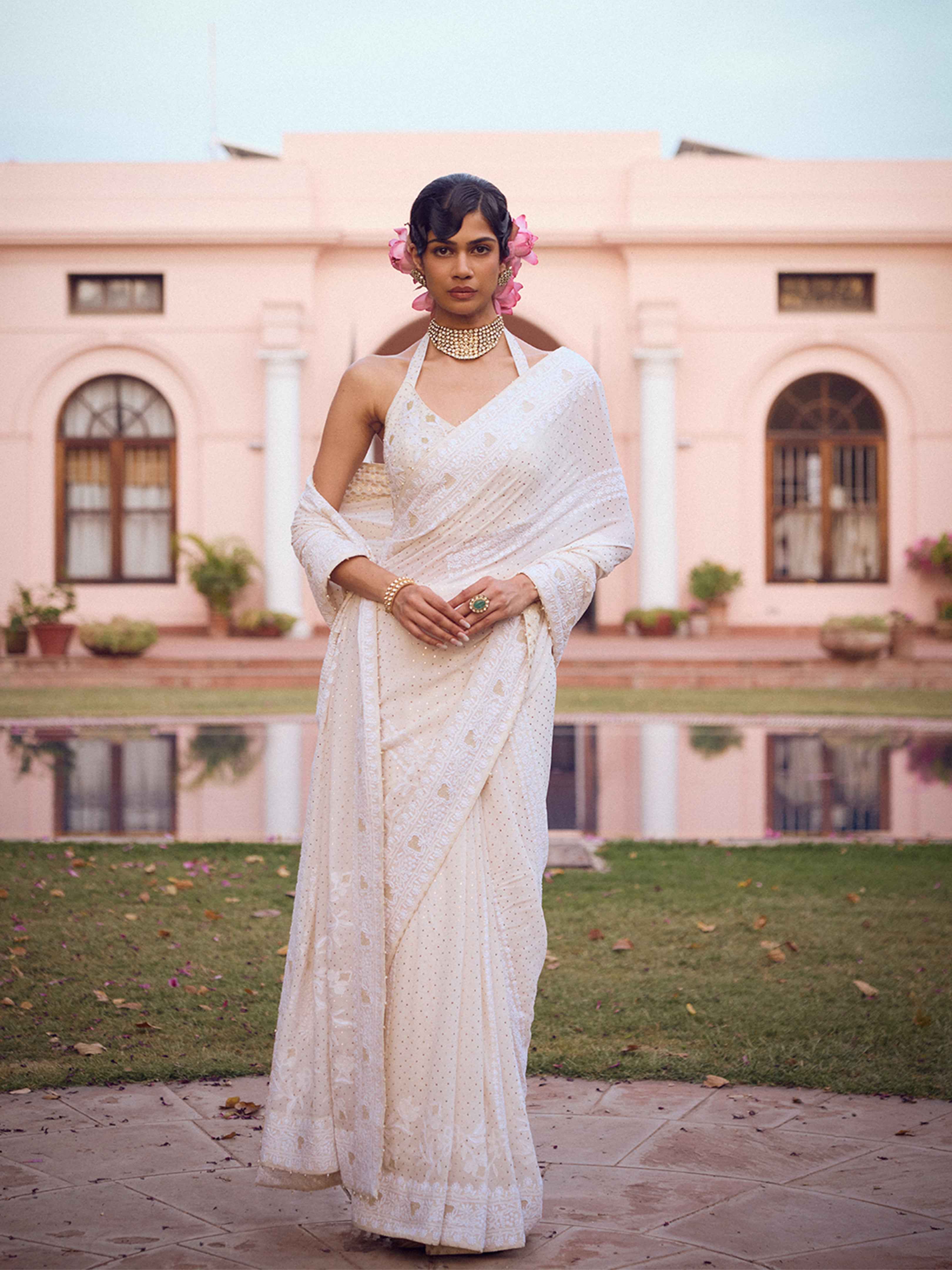 Dyeable White Pure & Premium Chikankari & Mukaish Saree & Blouse