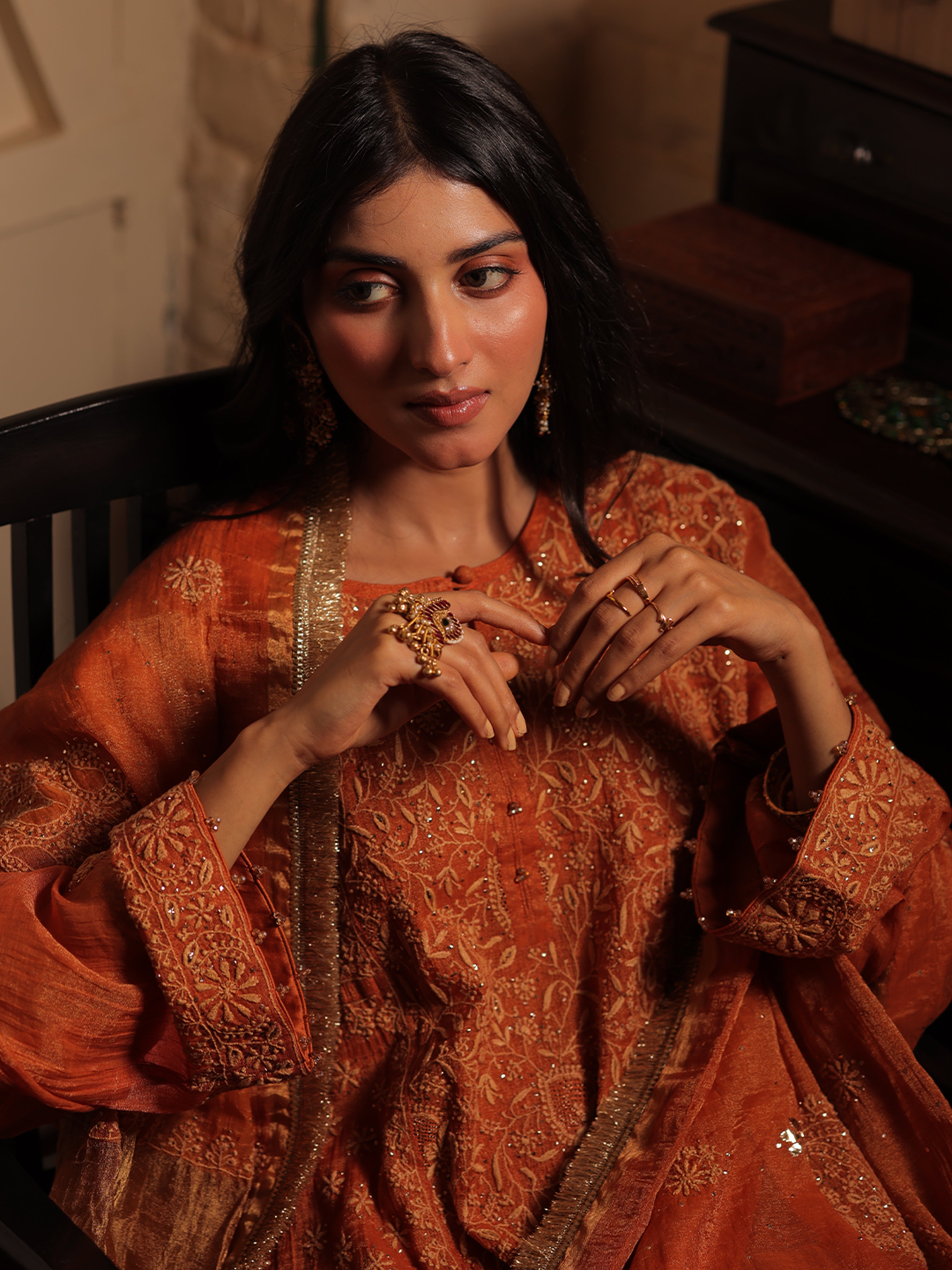Handcrafted Pure & Premium Burnt Orange Tissue Chikankari Kurta And Sharara Set