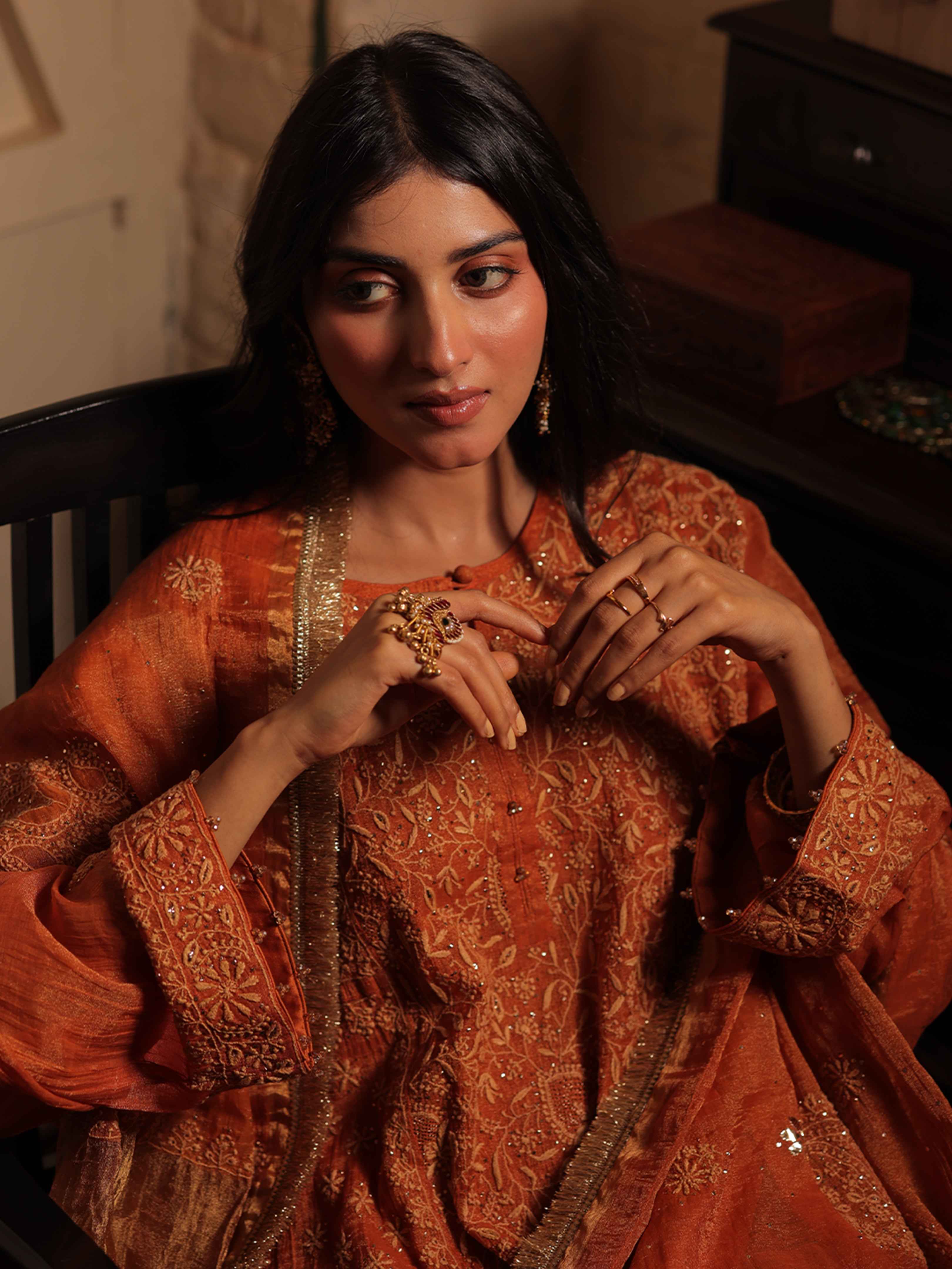 Handcrafted Pure & Premium Burnt Orange Tissue Chikankari Kurta And Sharara Set