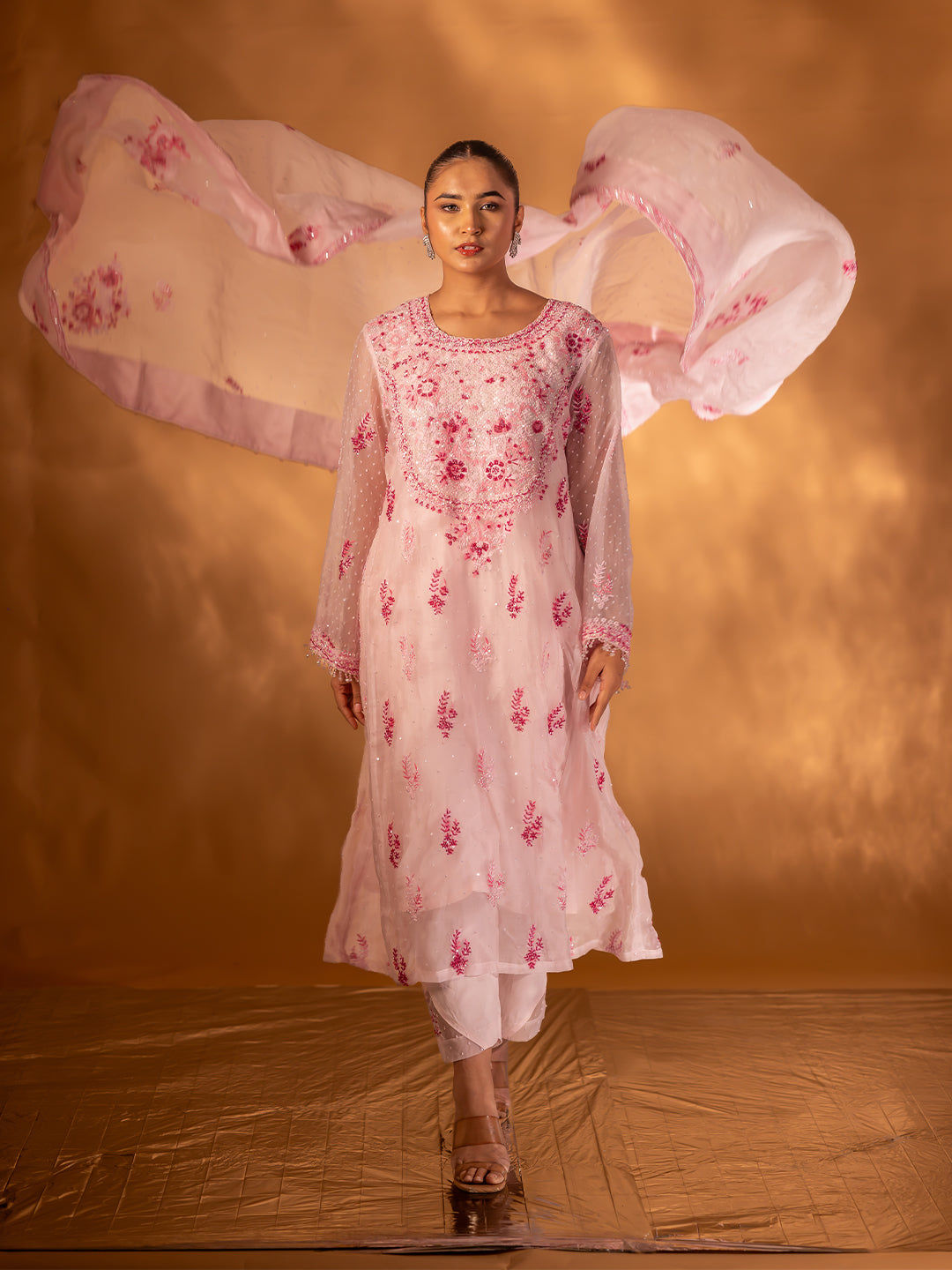 Baby Pink Organza Chikankari A-Line Kurta & Dupatta