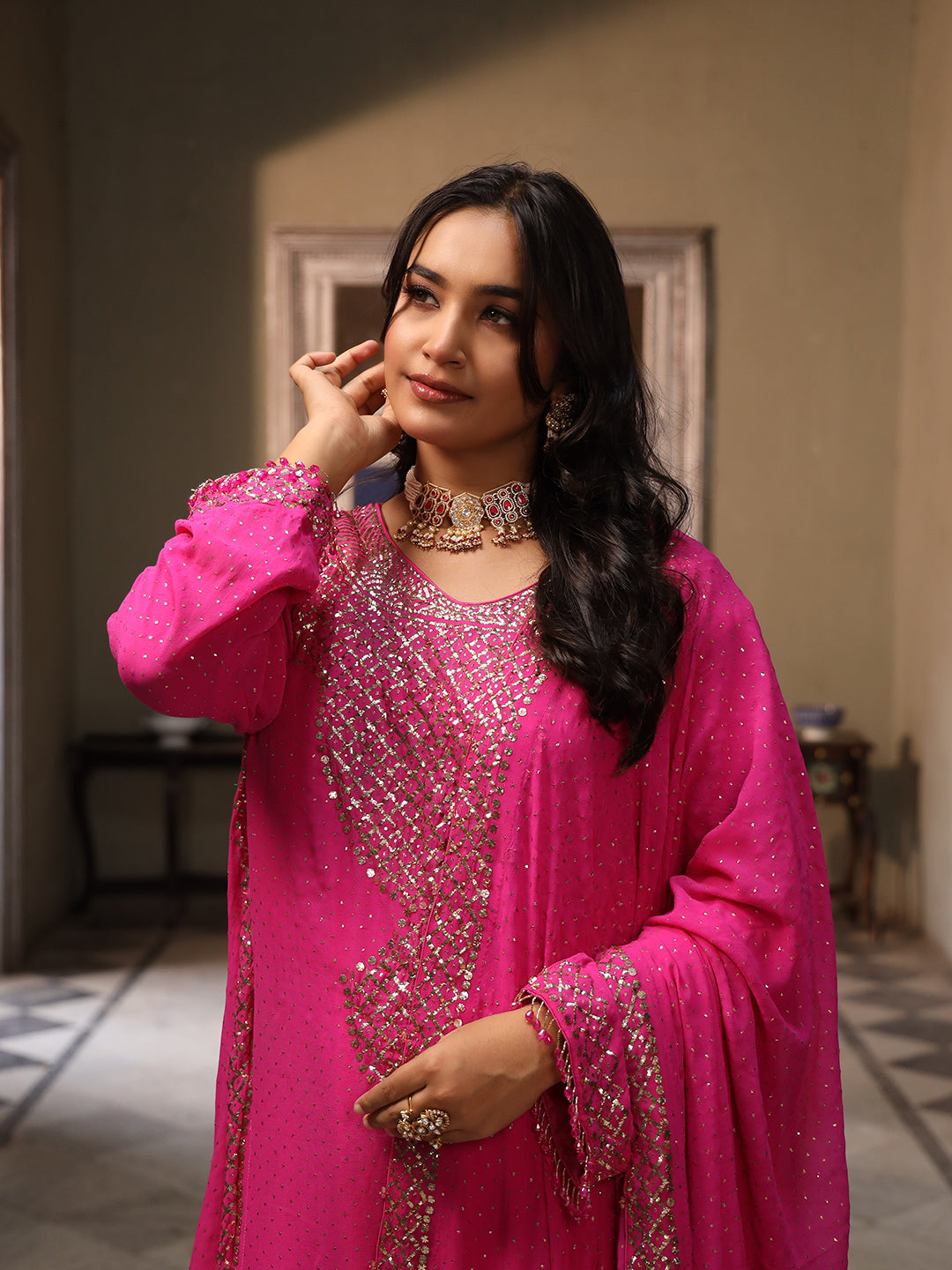 Fuscia Pink Pure & Premium Chiffon Mukaish Kurta Set