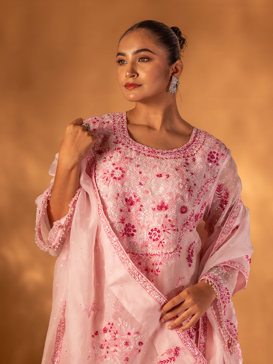 Baby Pink Organza Chikankari A-Line Kurta & Dupatta