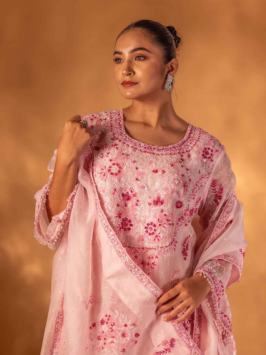 Baby Pink Organza Chikankari A-Line Kurta & Dupatta