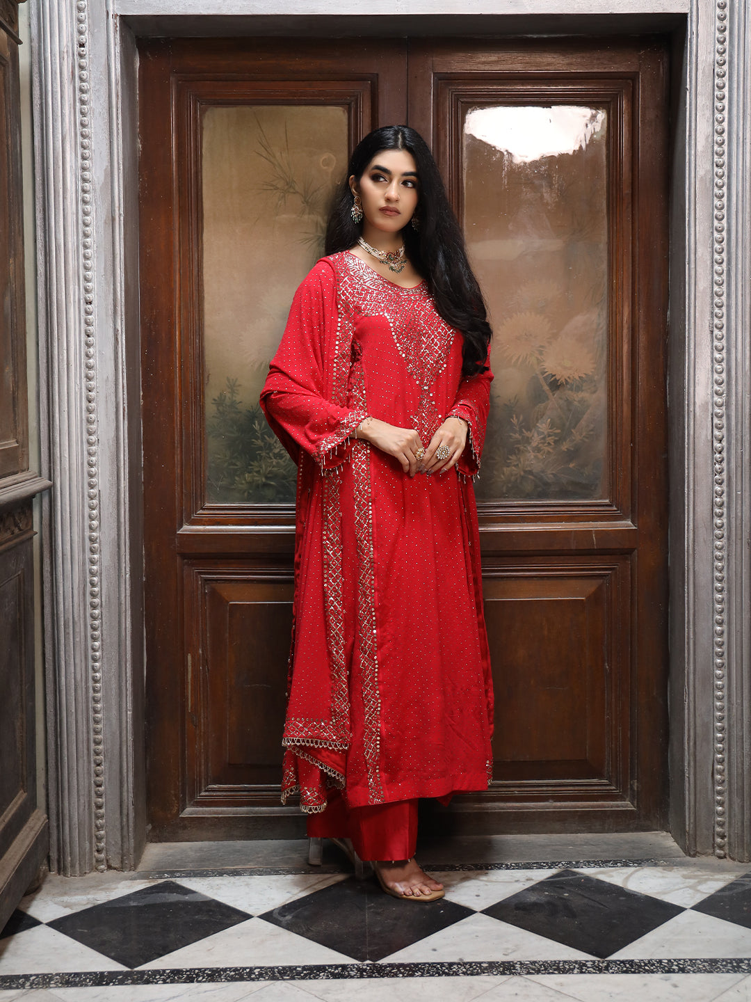 Red Pure & Premium Chiffon Mukaish Kurta Set