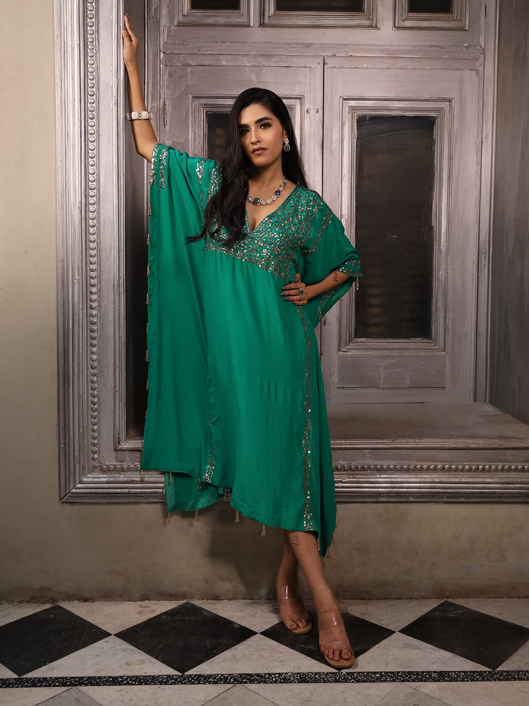 Jade Green Pure & Premium Silk Mukaish Kaftan Dress