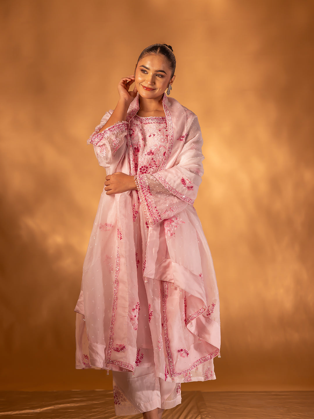 Baby Pink Organza Chikankari A-Line Kurta & Dupatta