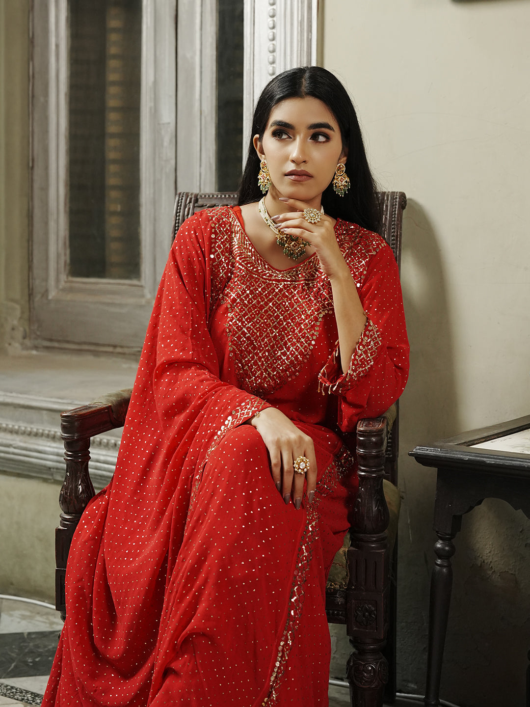 Red Pure & Premium Chiffon Mukaish Kurta Set