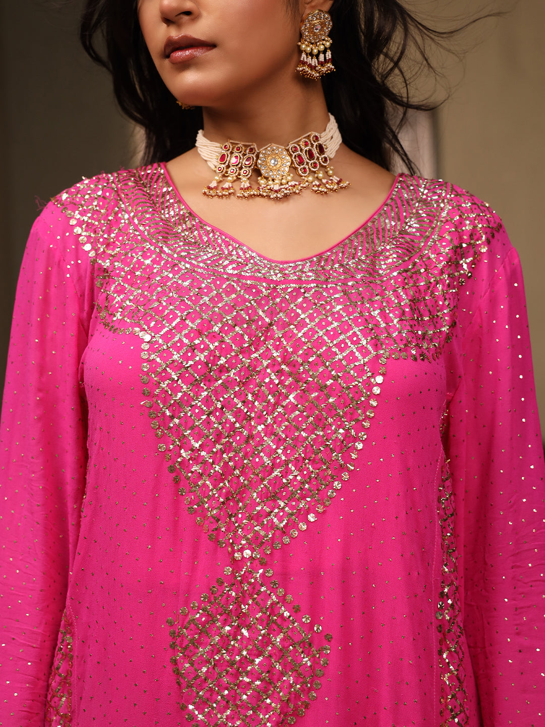Fuscia Pink Pure & Premium Chiffon Mukaish Kurta Set