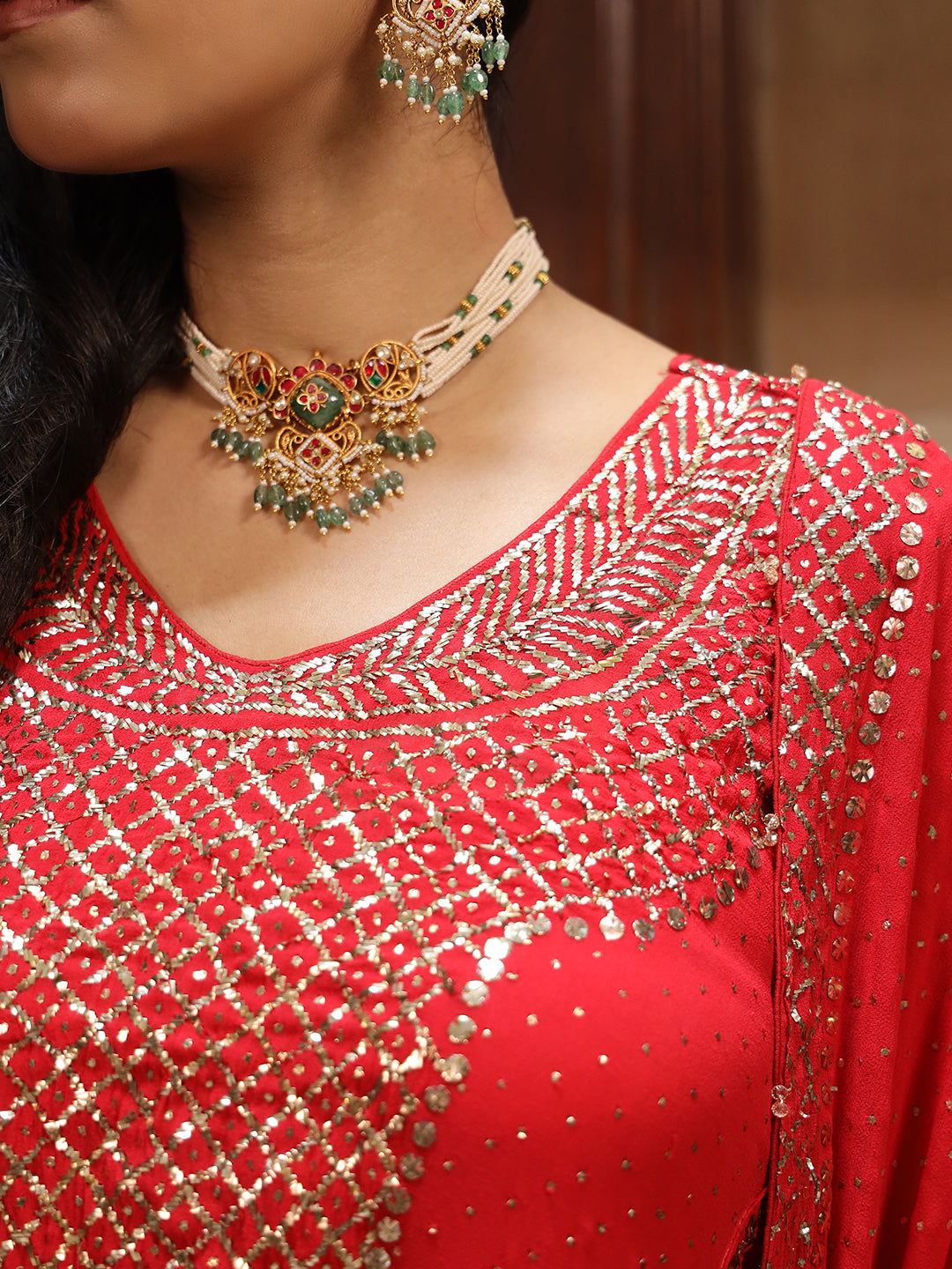 Red Pure & Premium Chiffon Mukaish Kurta Set