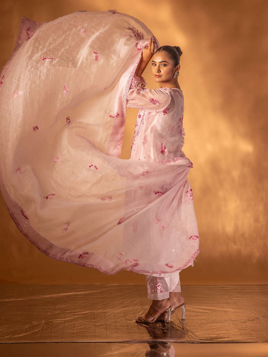 Baby Pink Organza Chikankari A-Line Kurta & Dupatta