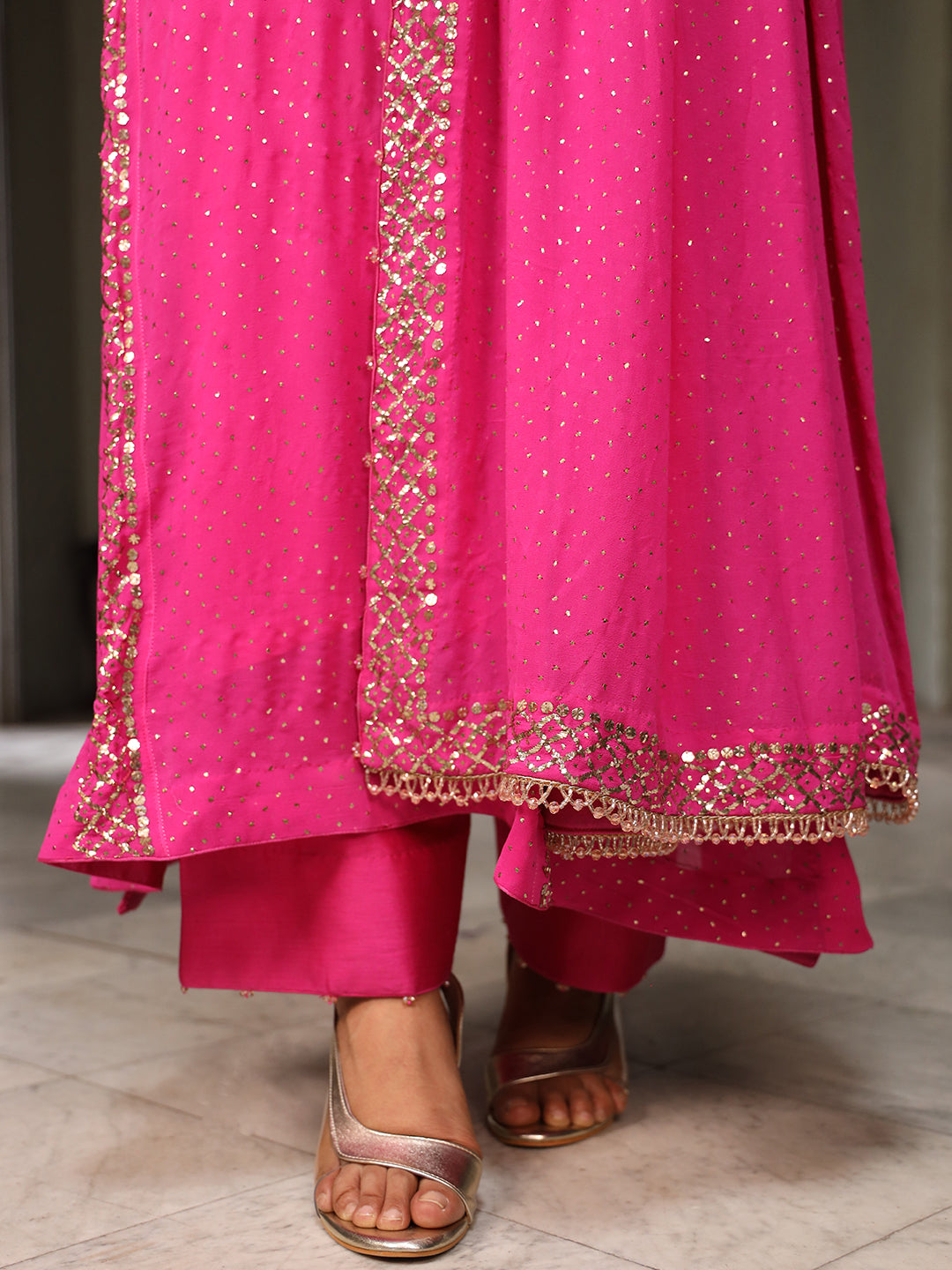 Fuscia Pink Pure & Premium Chiffon Mukaish Kurta Set